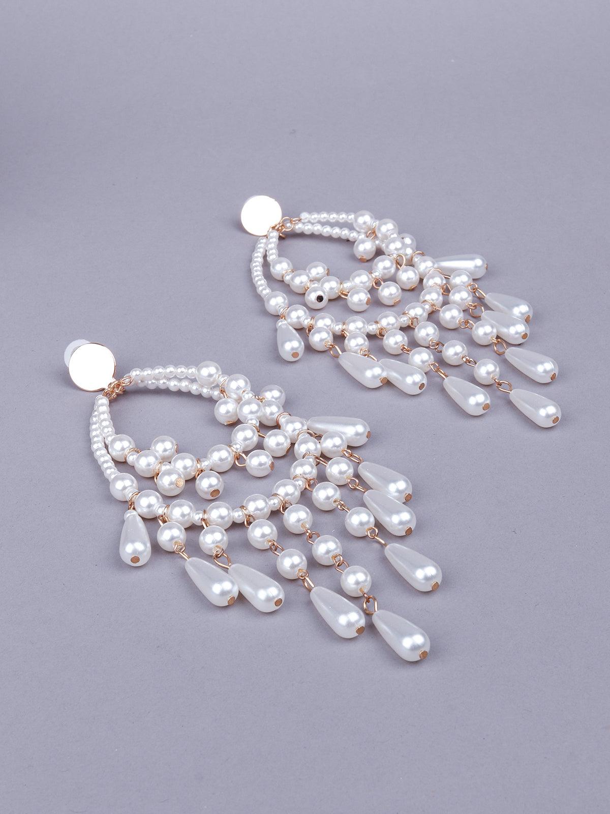 Women's White Faux Beaded Chandelier Statement Earring