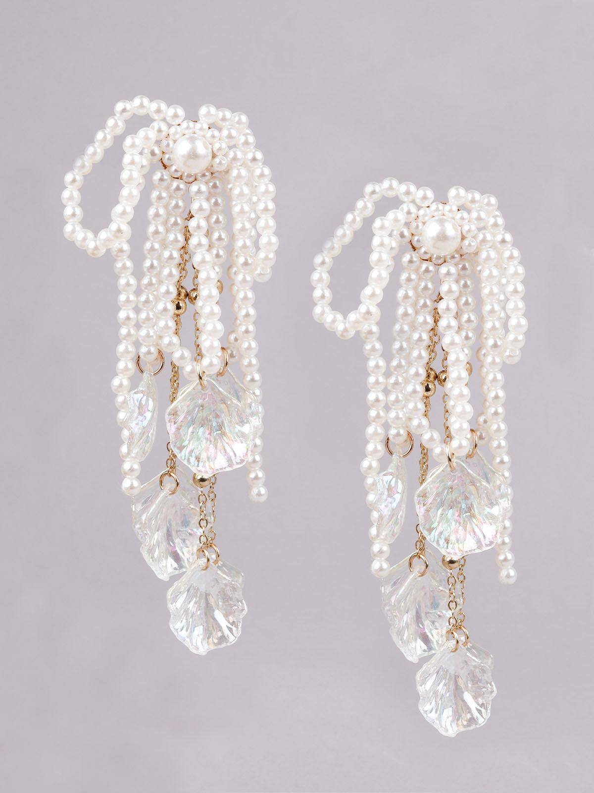 Women's White Faux Pearl Tasseled Stud Earrin