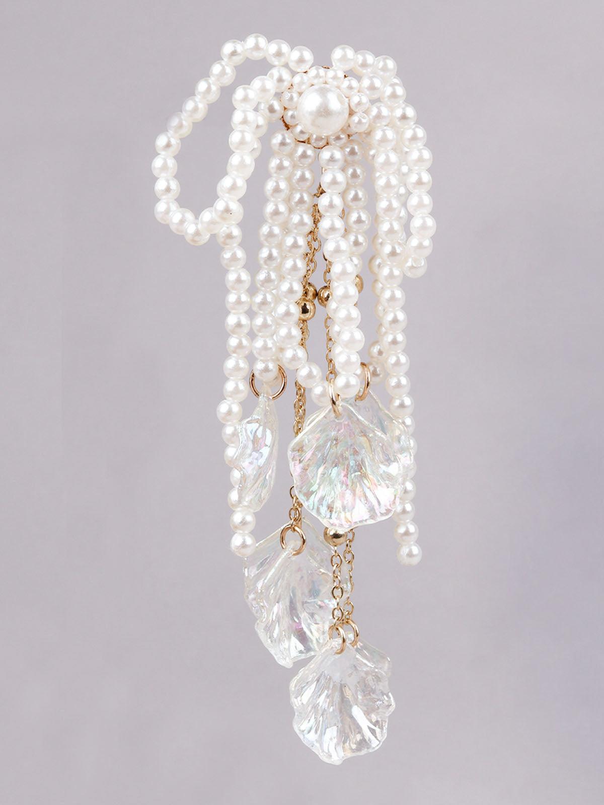 Women's White Faux Pearl Tasseled Stud Earrin