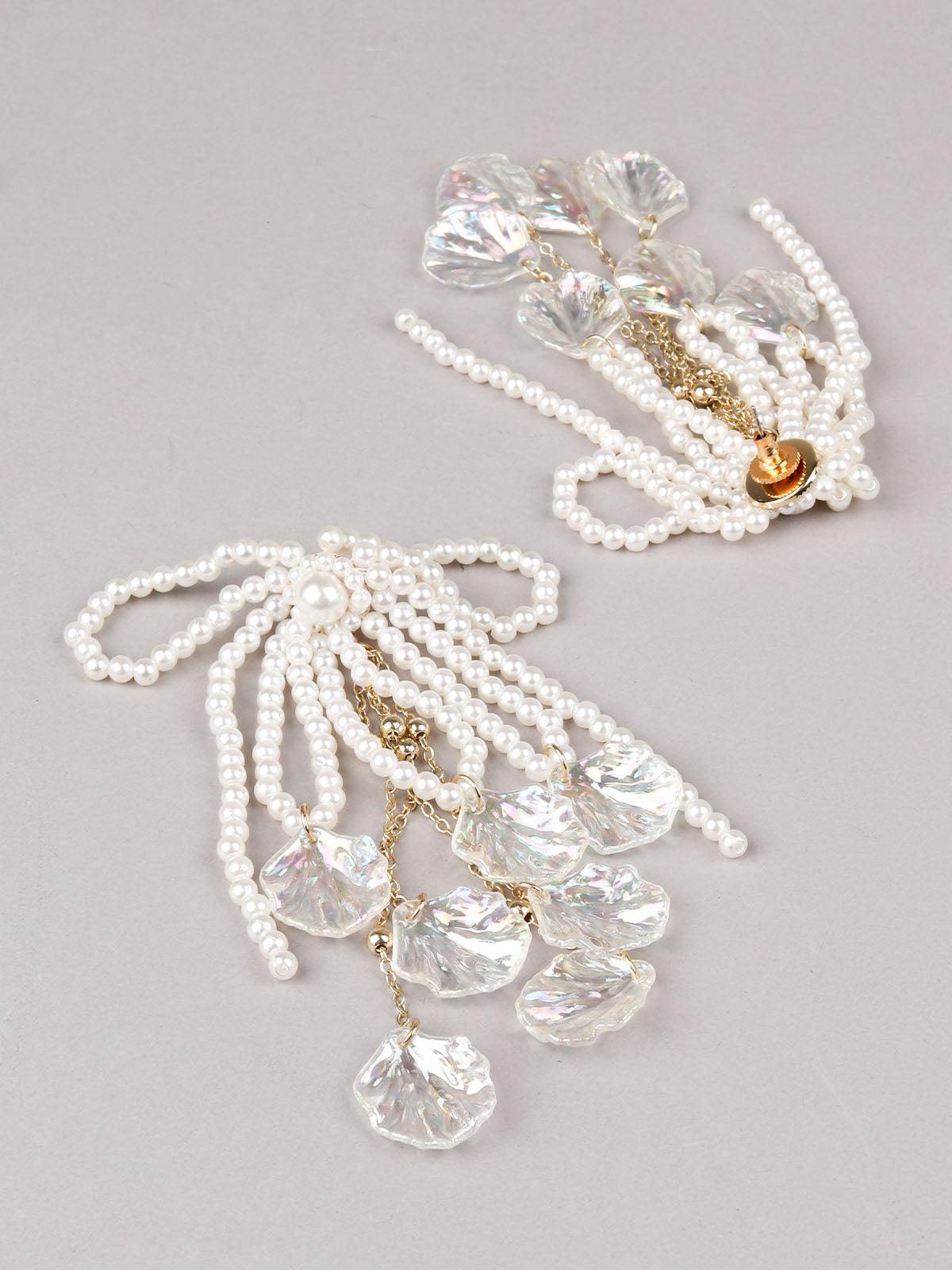 Women's White Faux Pearl Tasseled Stud Earrin