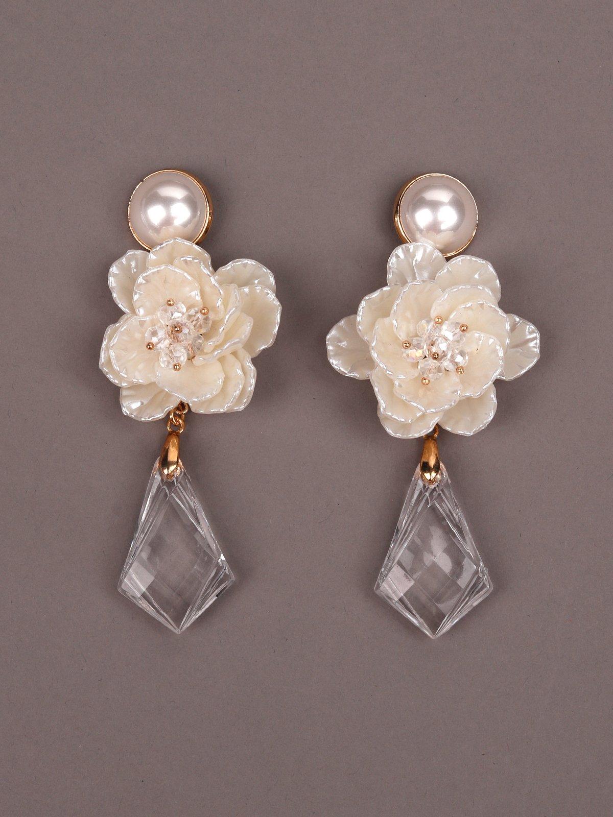 Women's White Floral And Geometric Shaped Clear Crystal Drop Earring