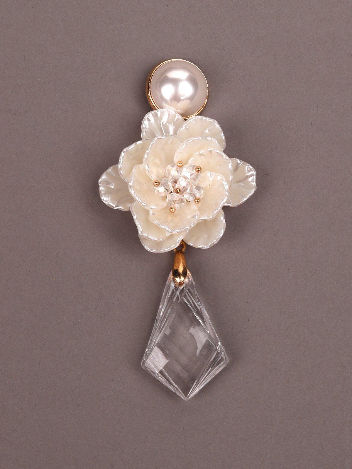 Women's White Floral And Geometric Shaped Clear Crystal Drop Earring