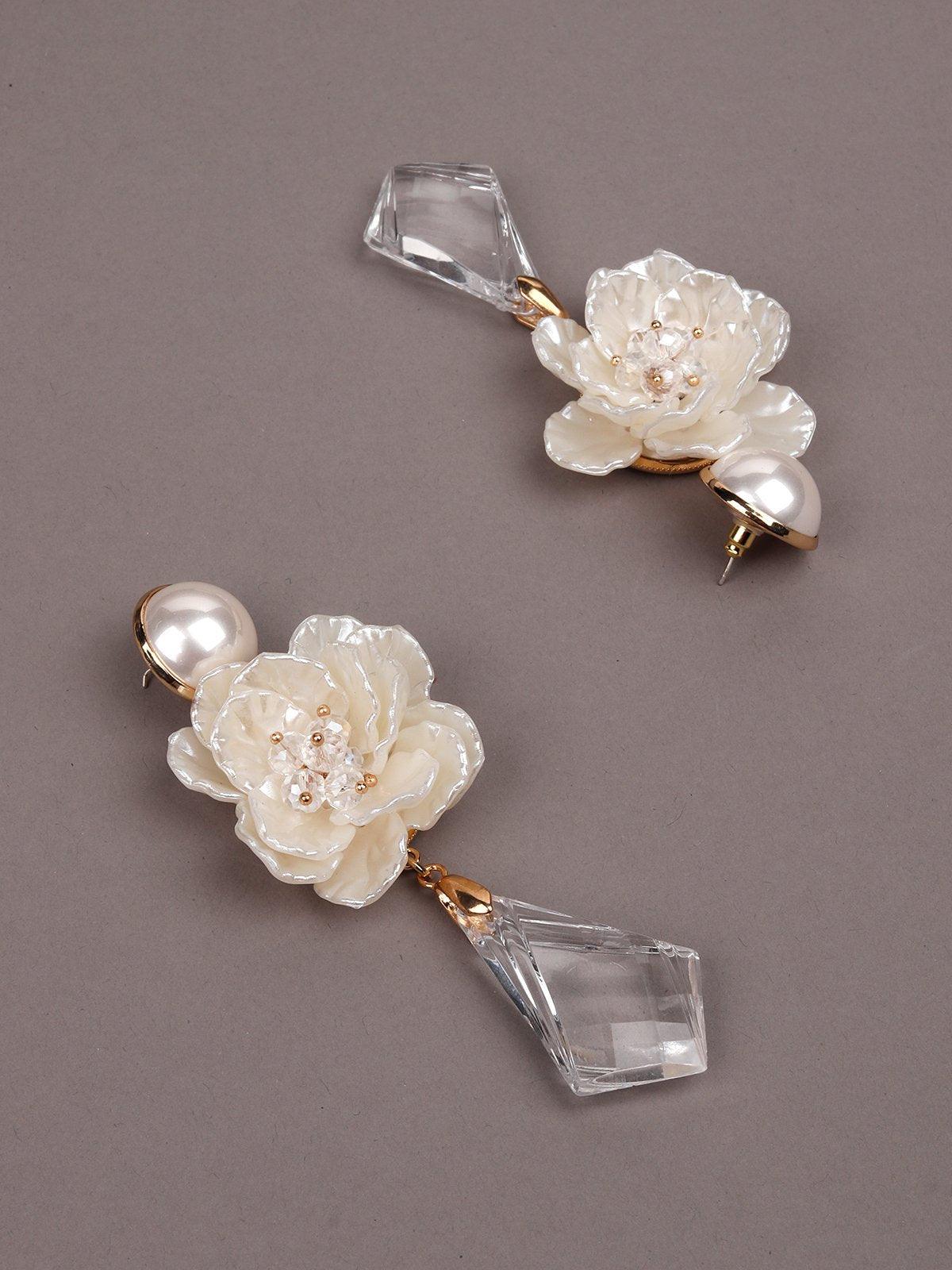 Women's White Floral And Geometric Shaped Clear Crystal Drop Earring