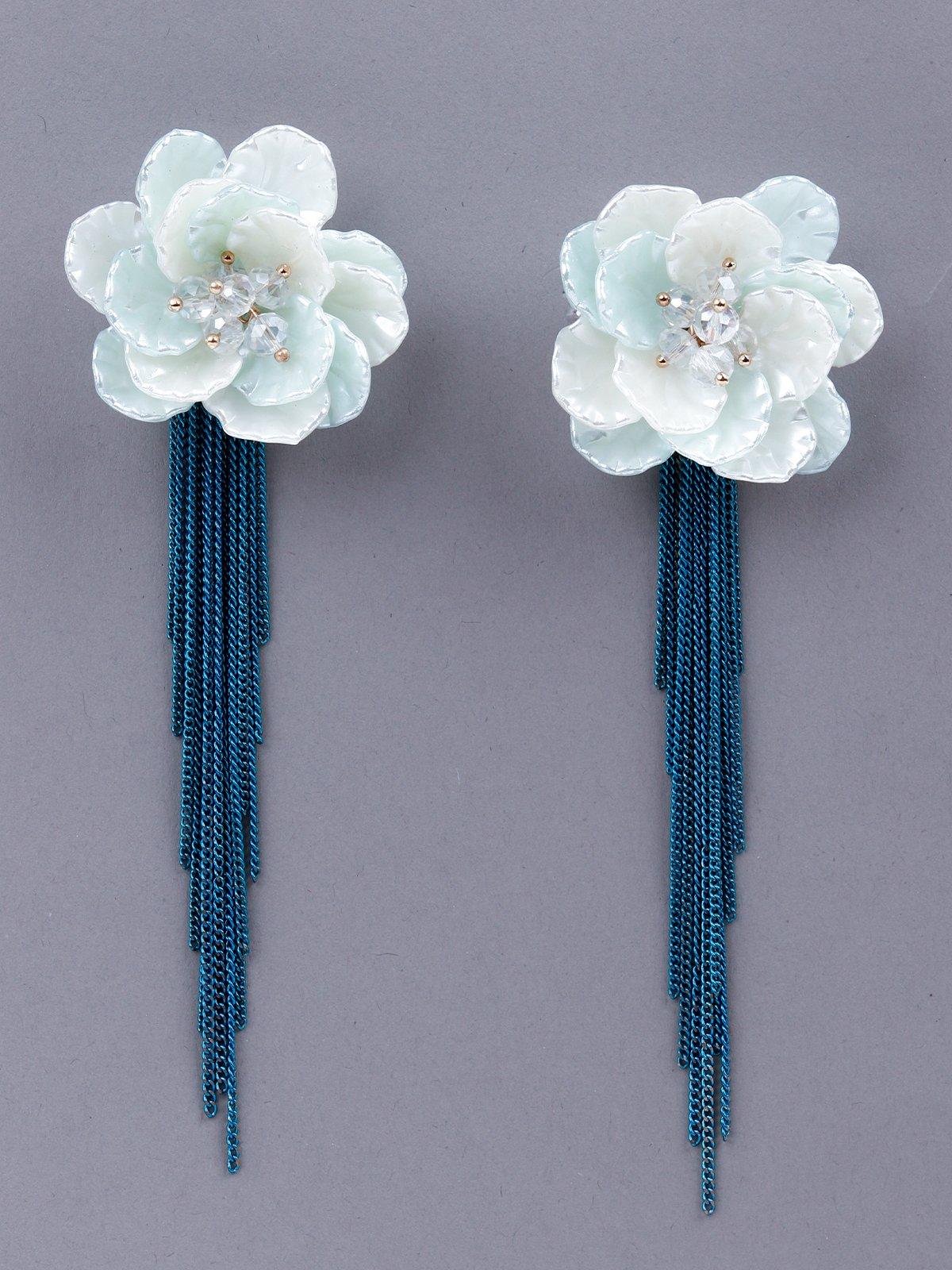 Women's White Floral With Electric Blue Tassel Dangle Earring