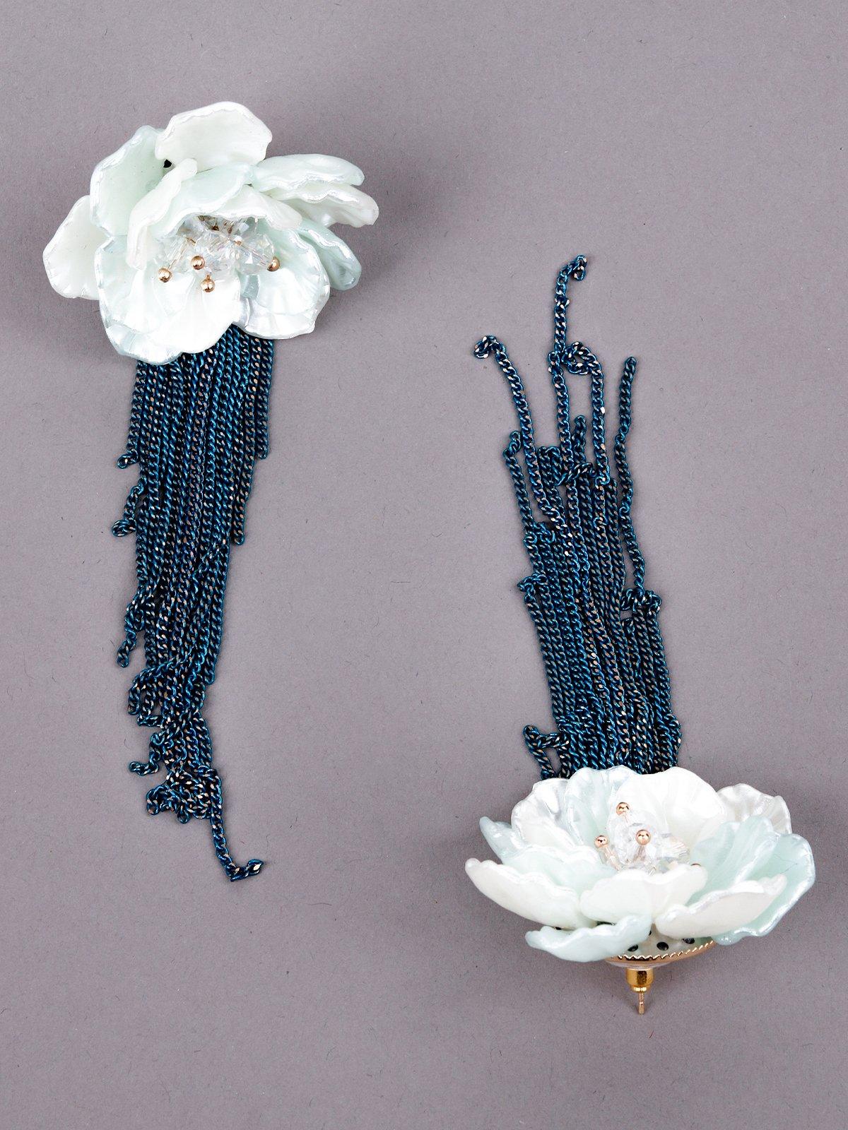 Women's White Floral With Electric Blue Tassel Dangle Earring