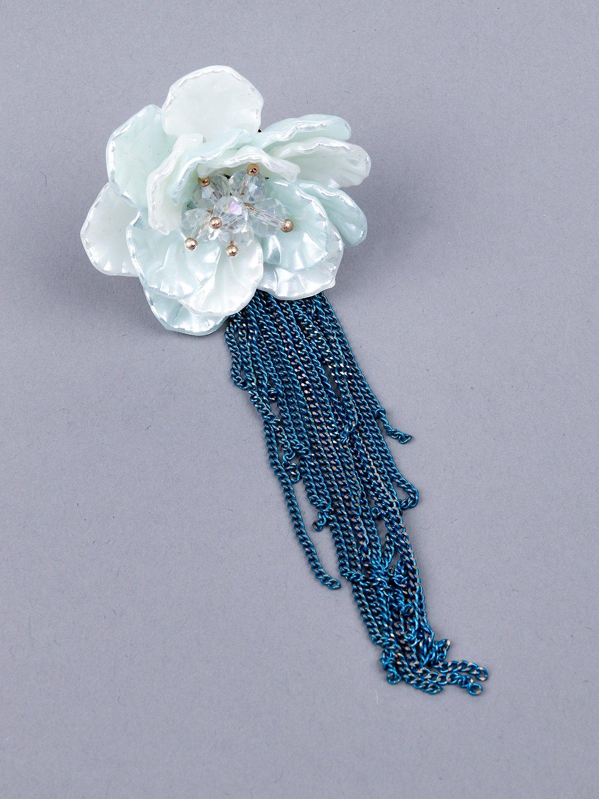 Women's White Floral With Electric Blue Tassel Dangle Earring