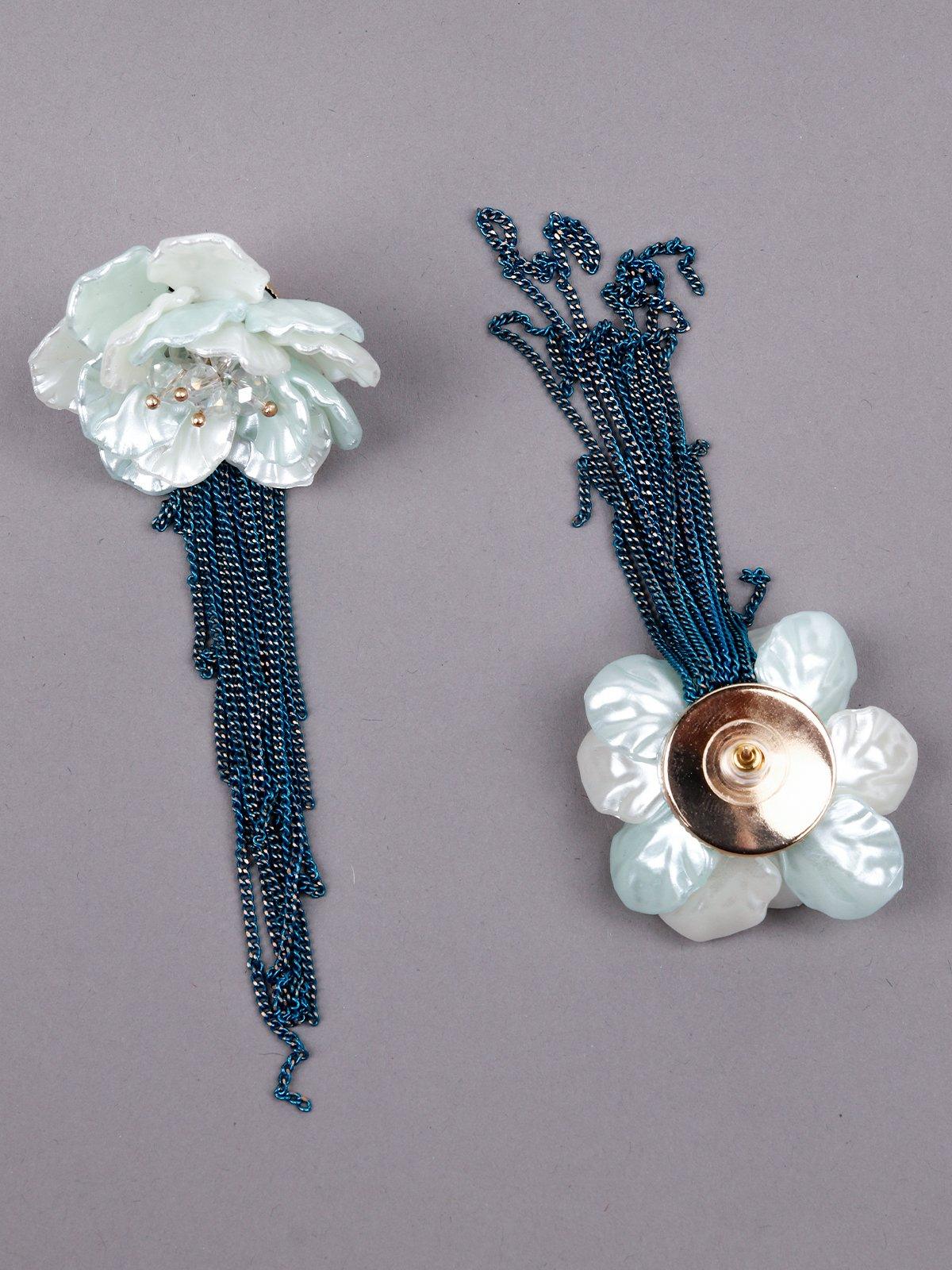 Women's White Floral With Electric Blue Tassel Dangle Earring