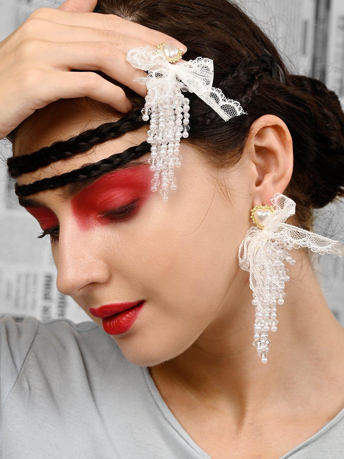 Women's White Lace Heart Beaded Tassel Earring