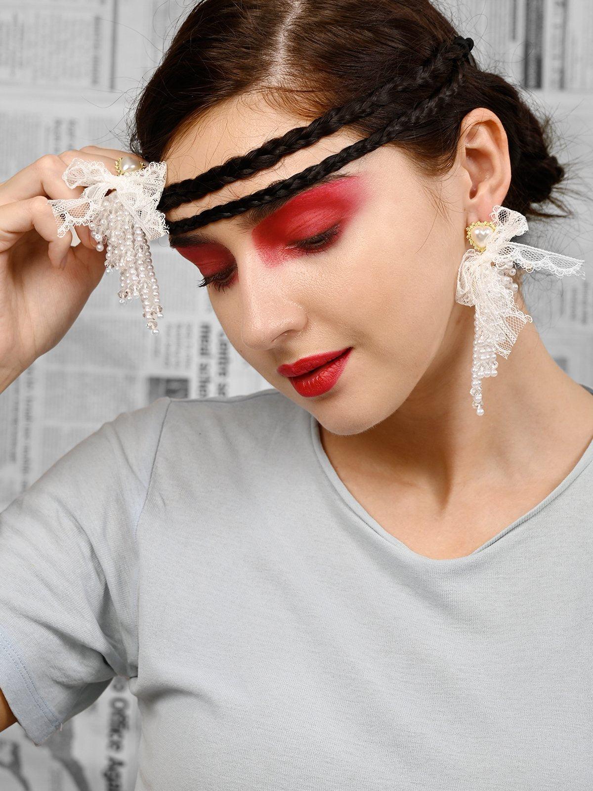 Women's White Lace Heart Beaded Tassel Earring