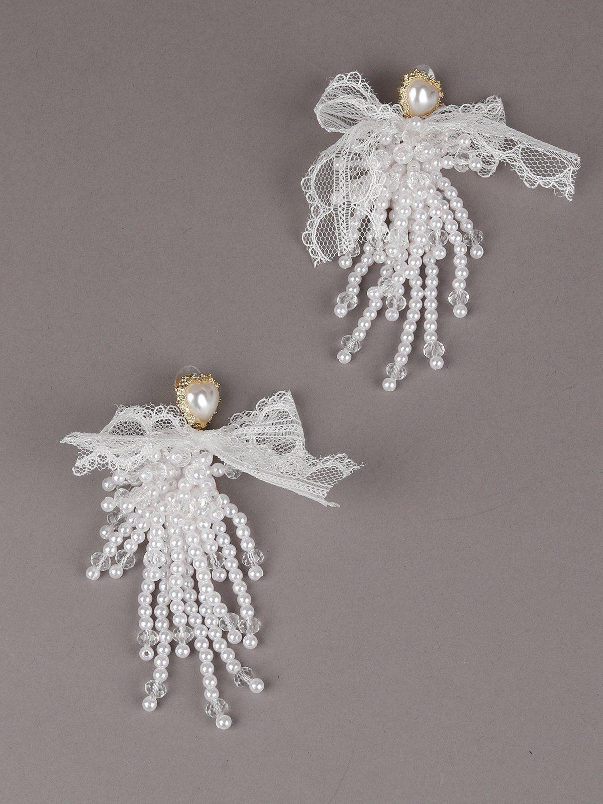Women's White Lace Heart Beaded Tassel Earring