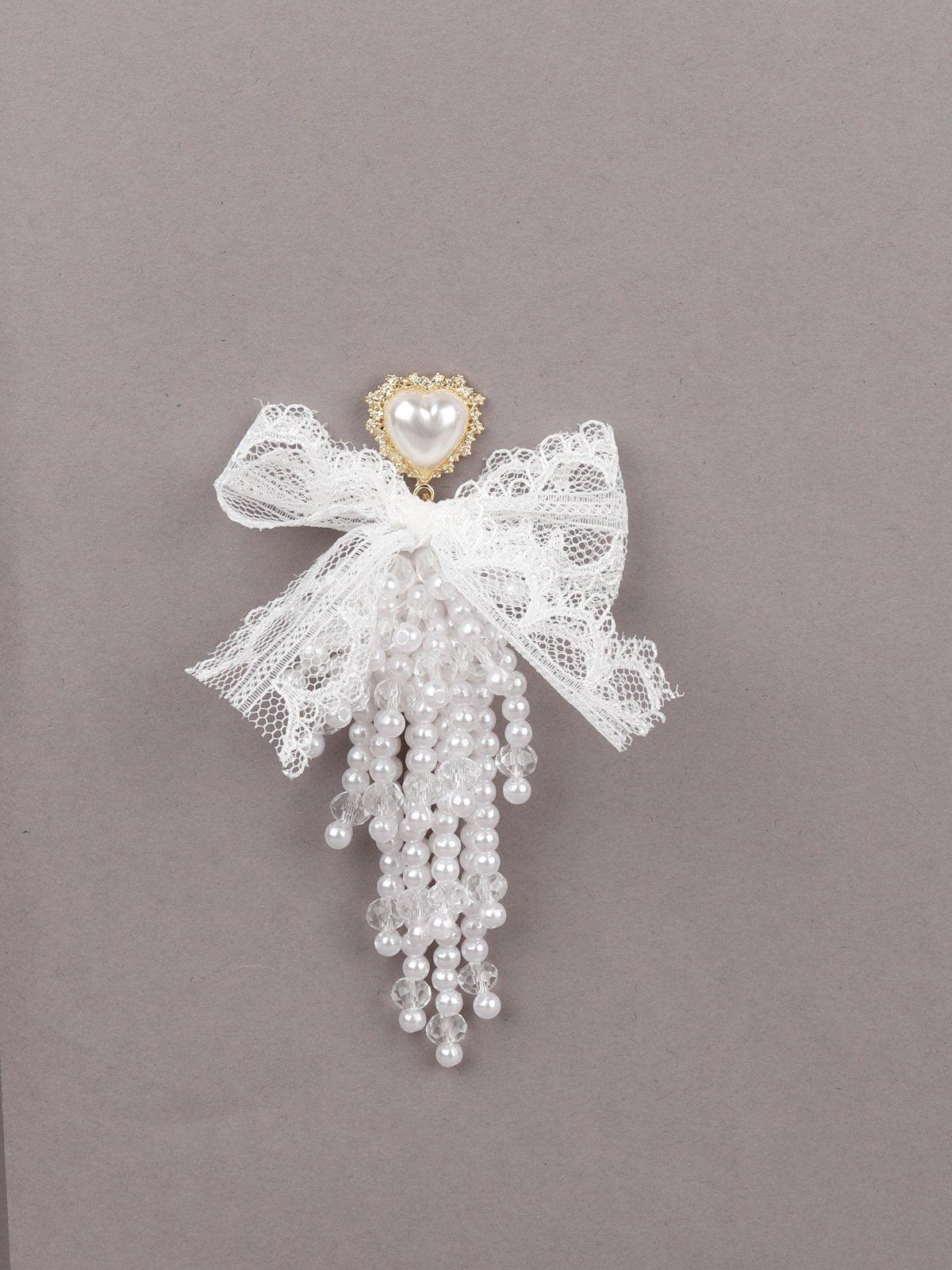 Women's White Lace Heart Beaded Tassel Earring
