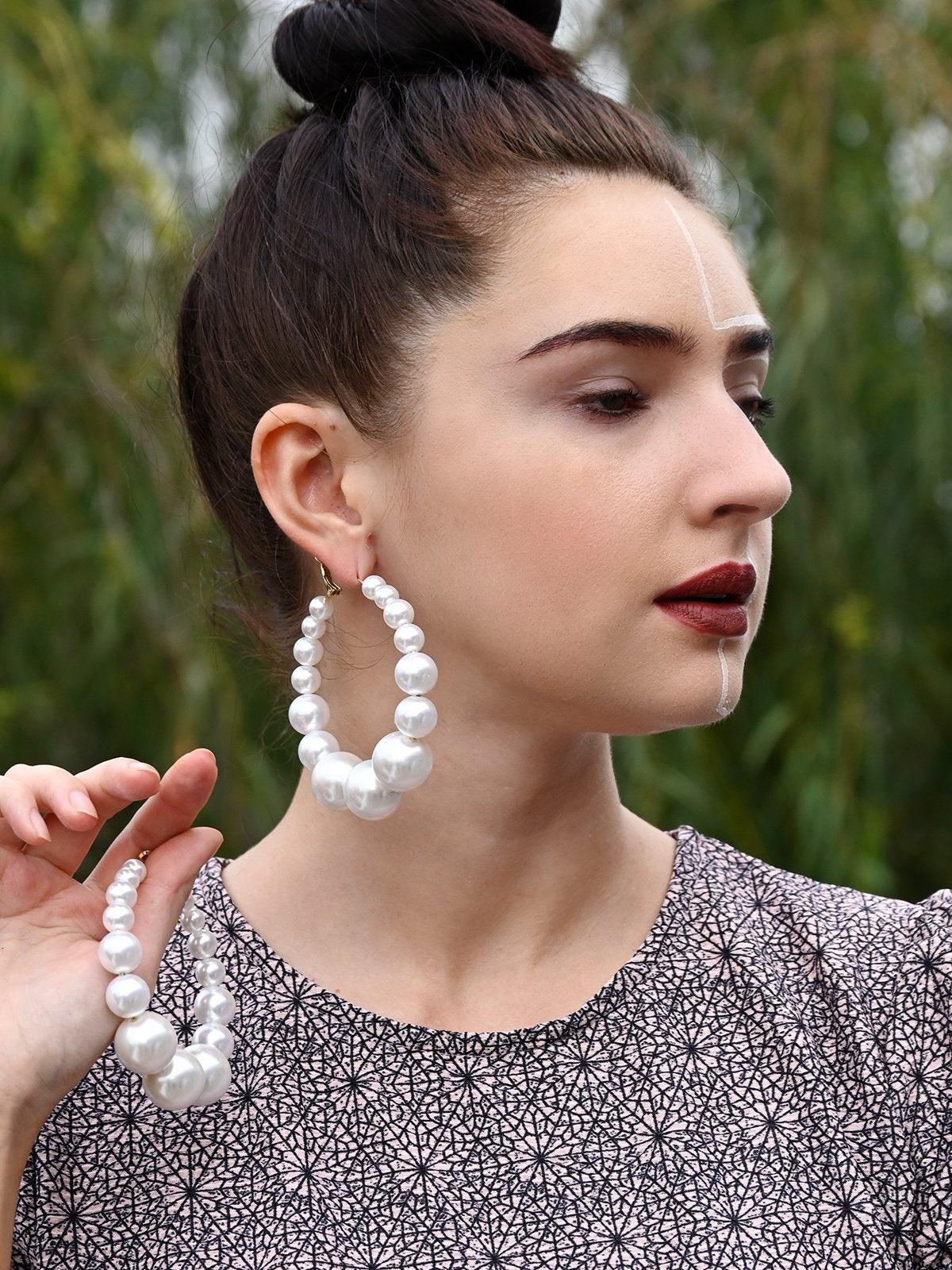 Women's White Pearl Dangly Hoop