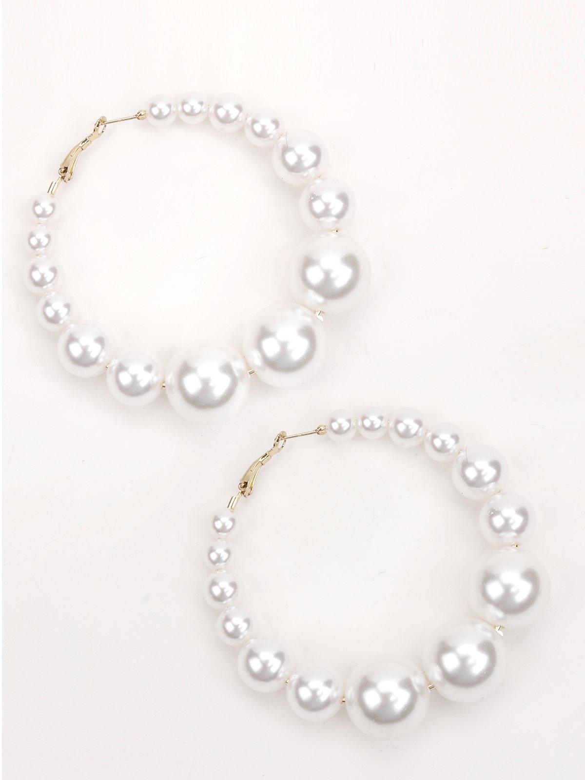 Women's White Pearl Dangly Hoop