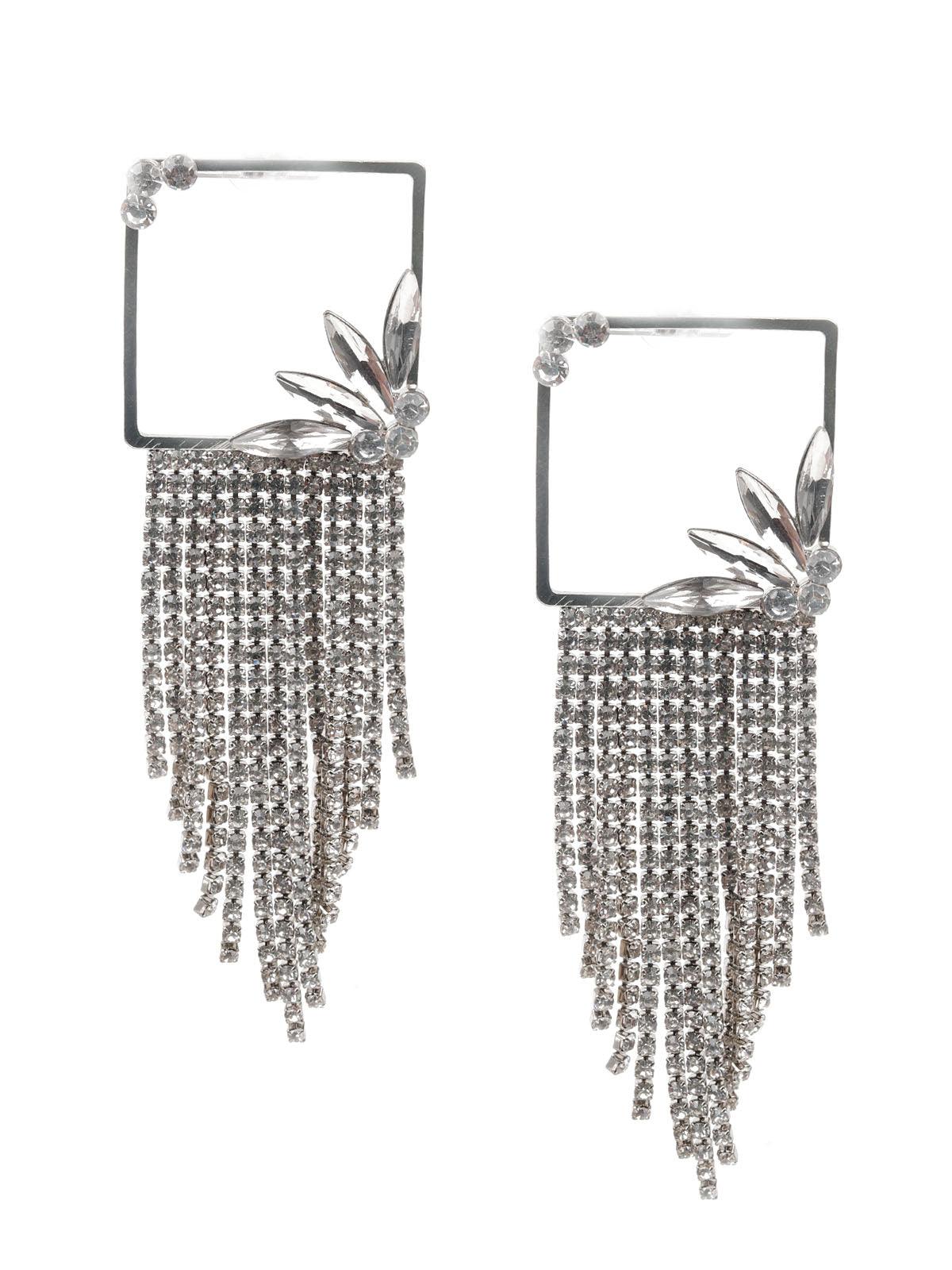 Women's White Stone Studded Long Dangle Earrin
