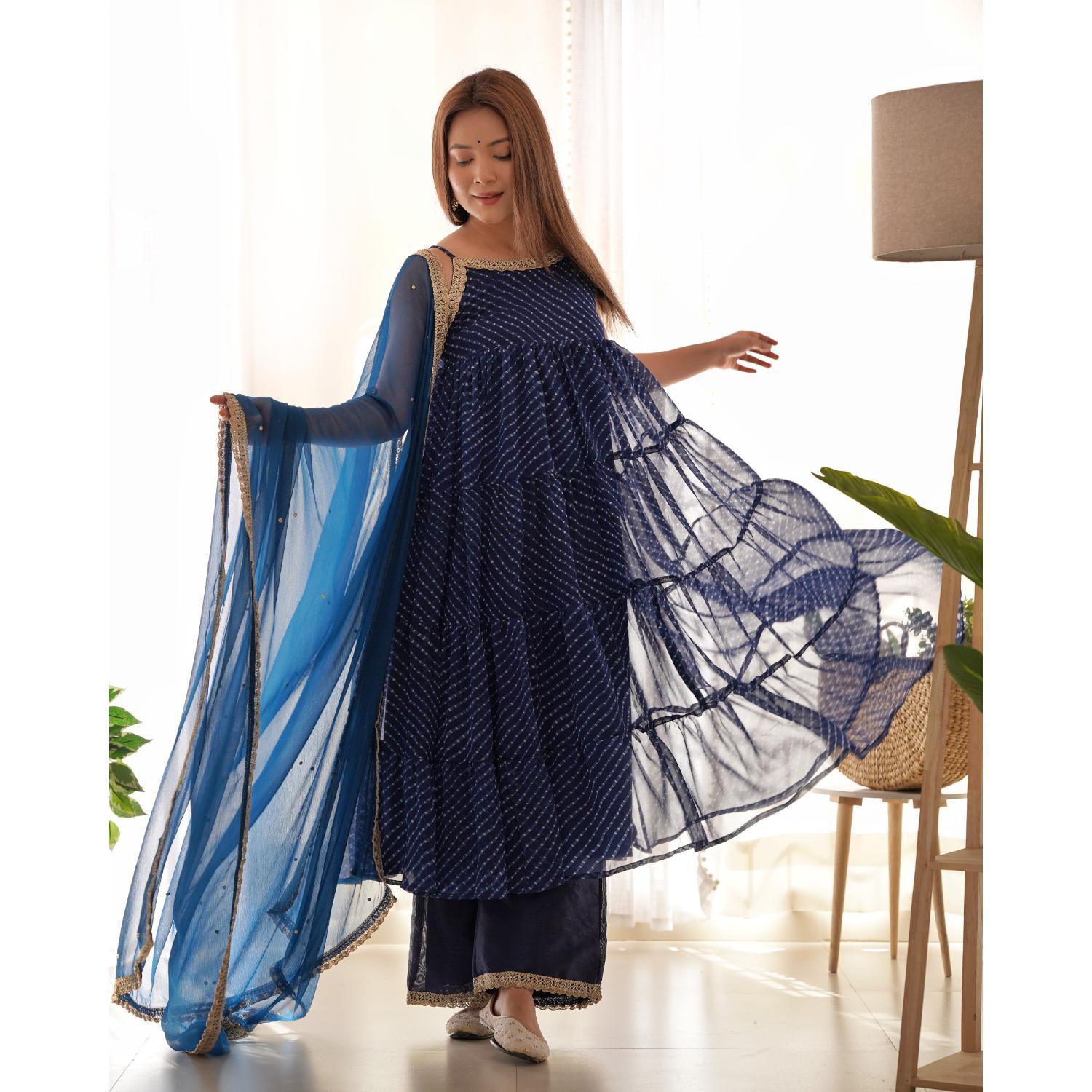 Women's Navy Blue Leheriya Anarkali Palazzo Set With Dupatta