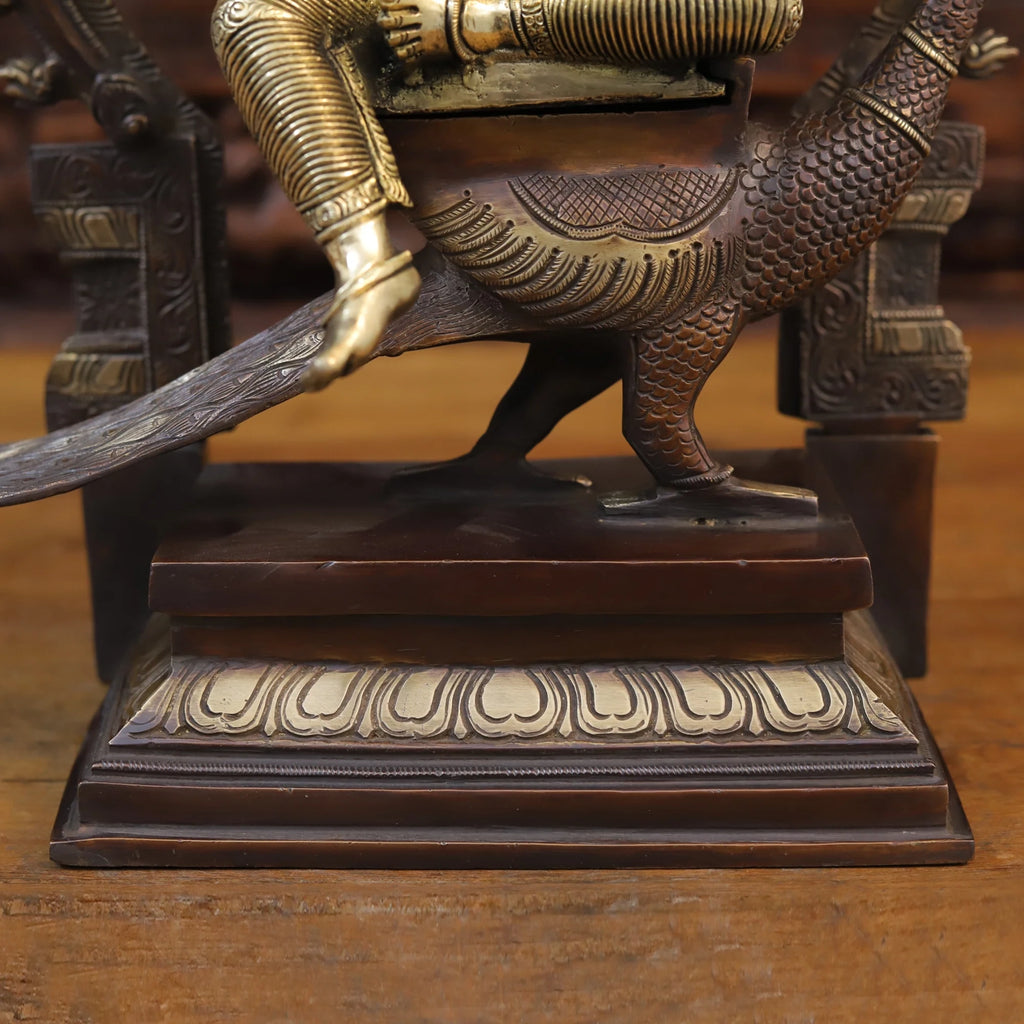 Brass Chatur Mukhi Kartik Idol with Peacock, Copper & Golden Finish, 17.5"