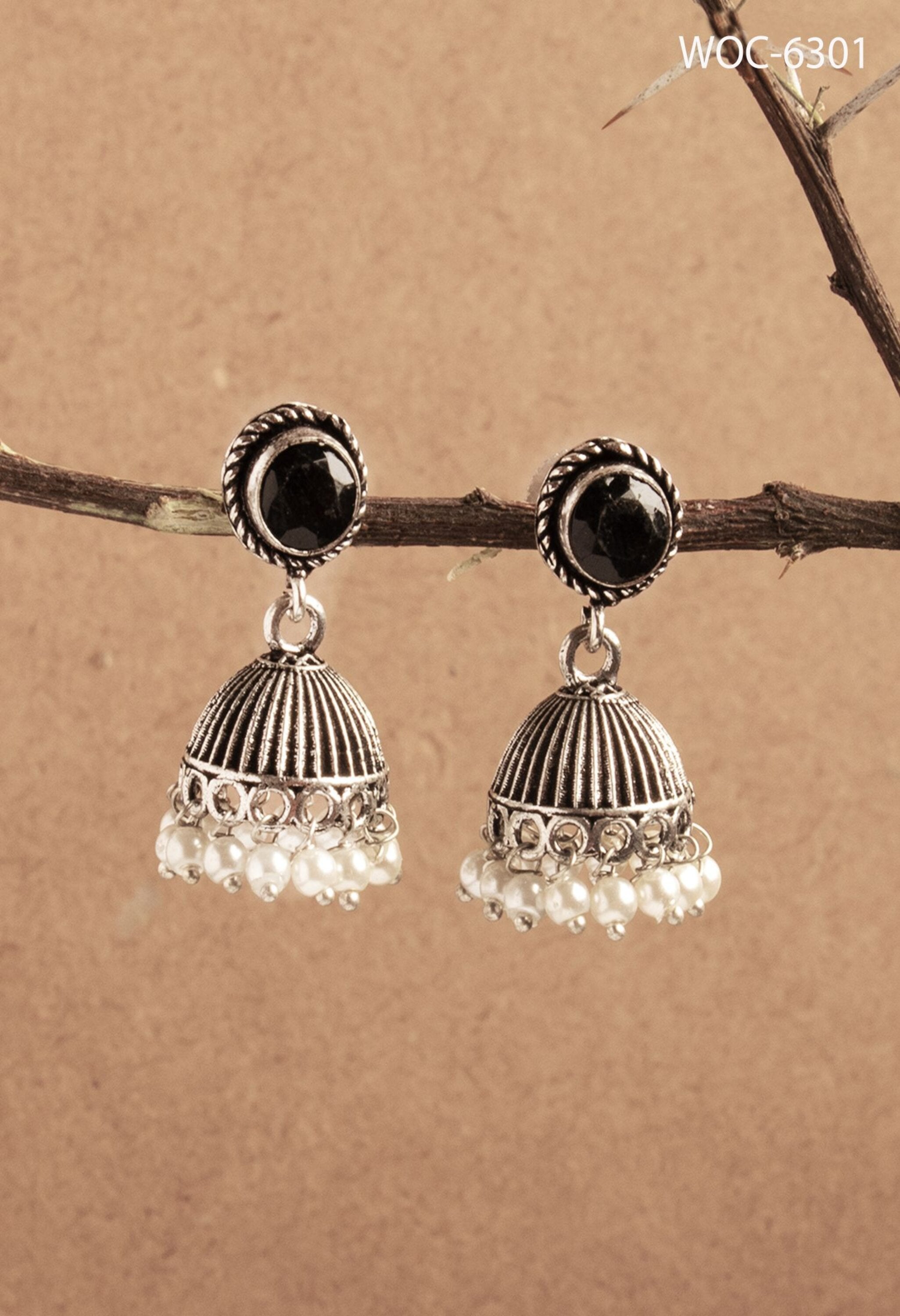 Women's Silver Bell Stone Jhumka -Combo Set