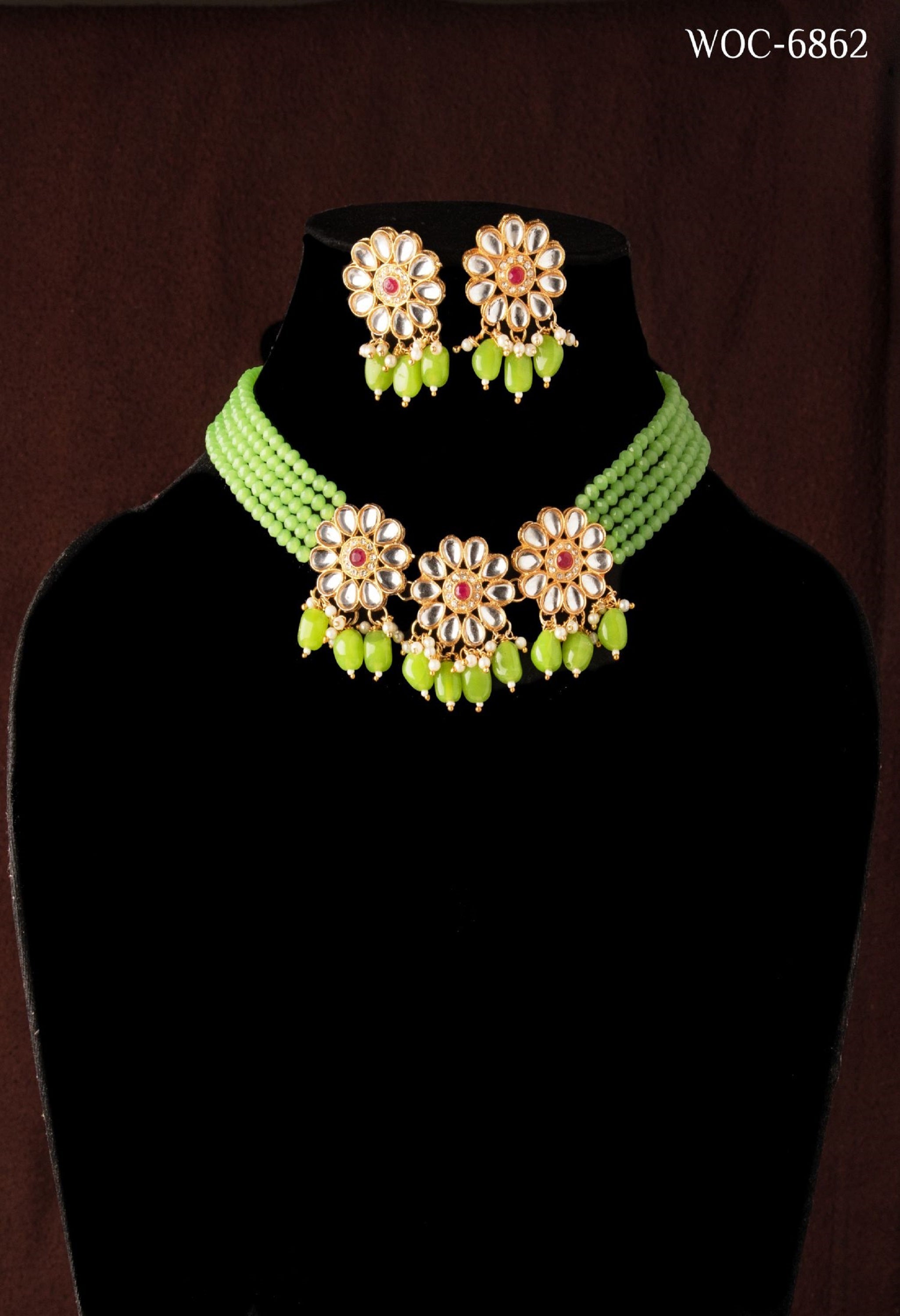 Women's Women's Green Beads Pearls Gold-Plated JewellerySet