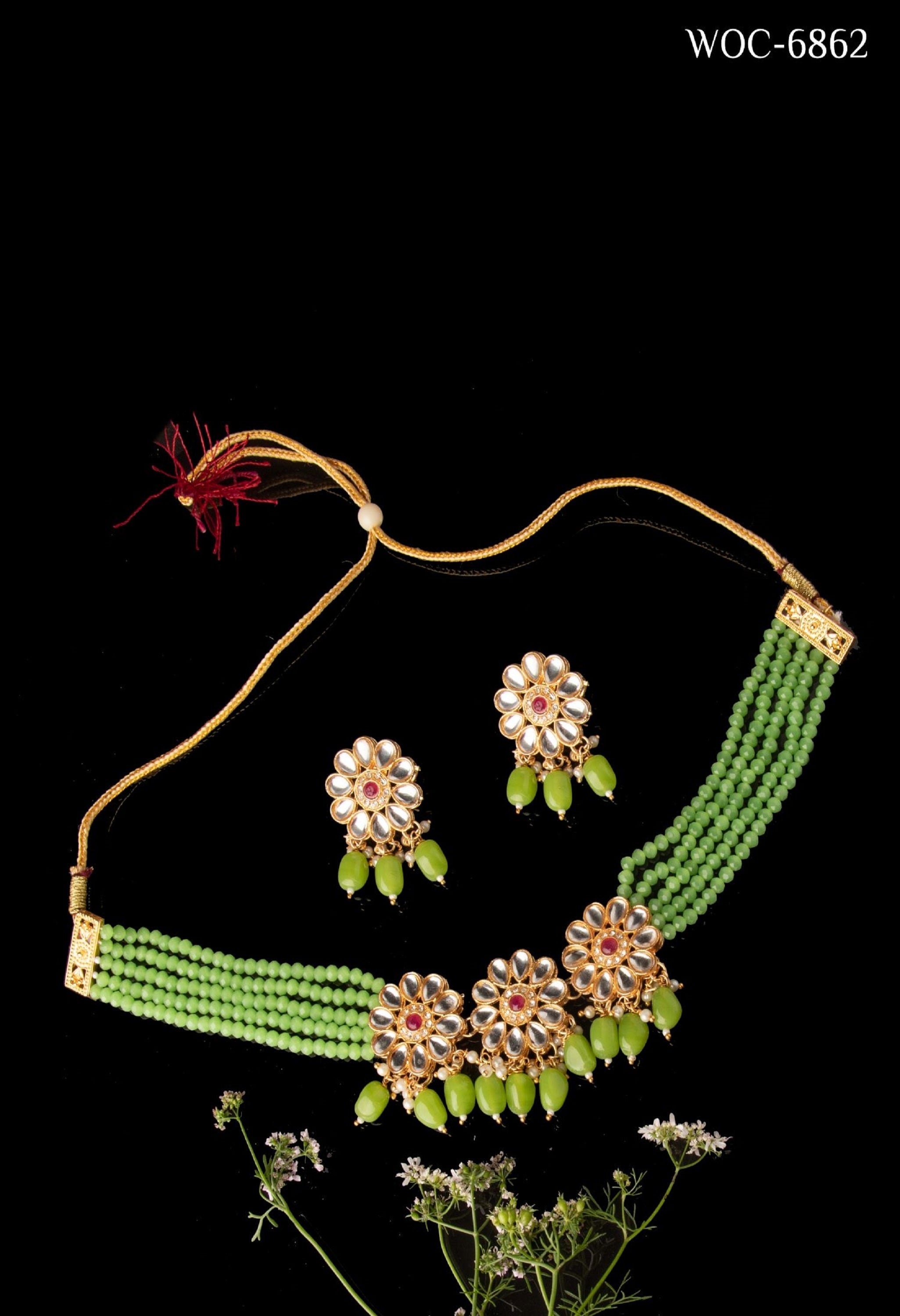 Women's Women's Green Beads Pearls Gold-Plated JewellerySet