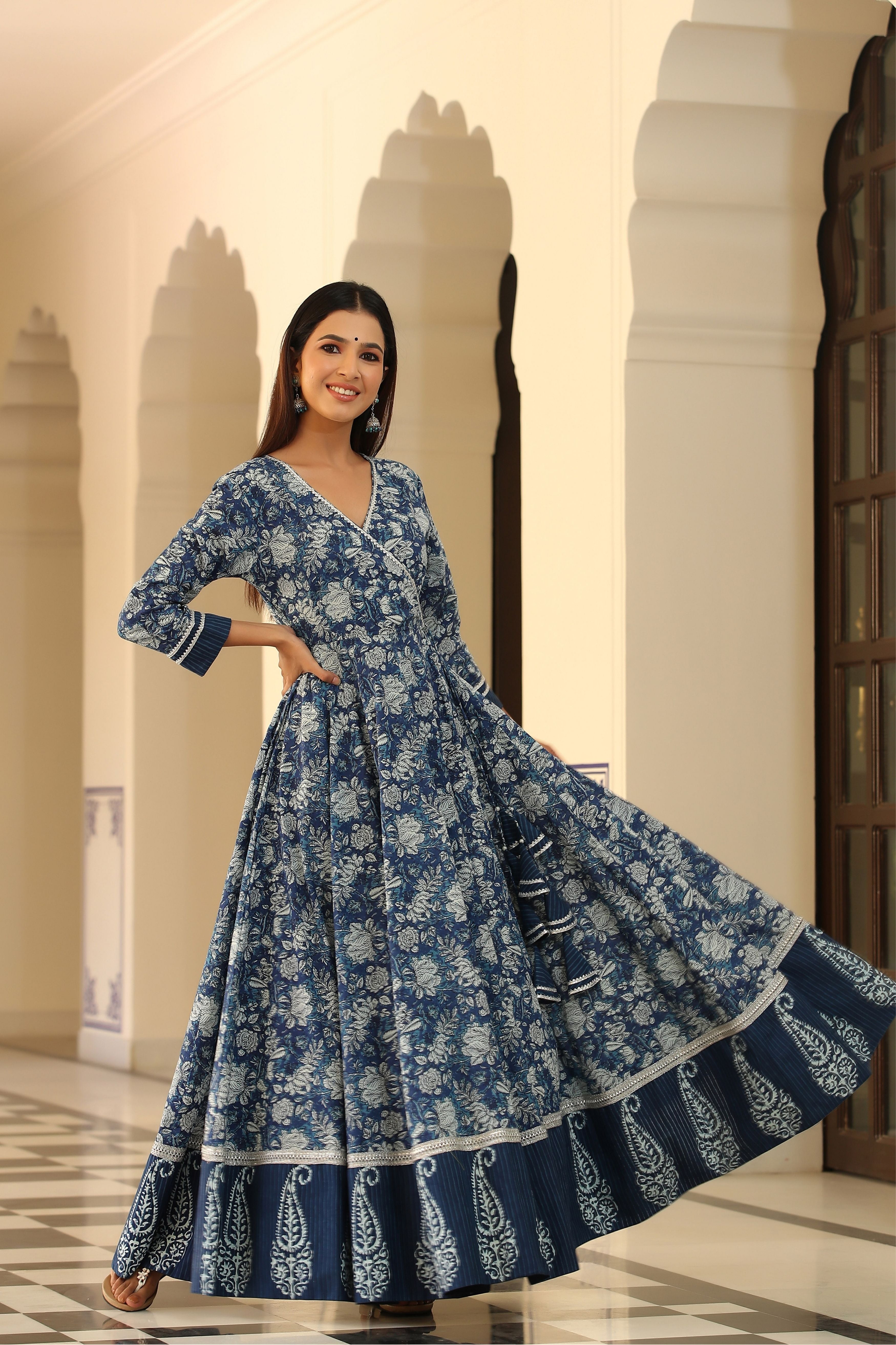 Women's Floral Indigo Angrakha Kalidar Dress-Gillori USA