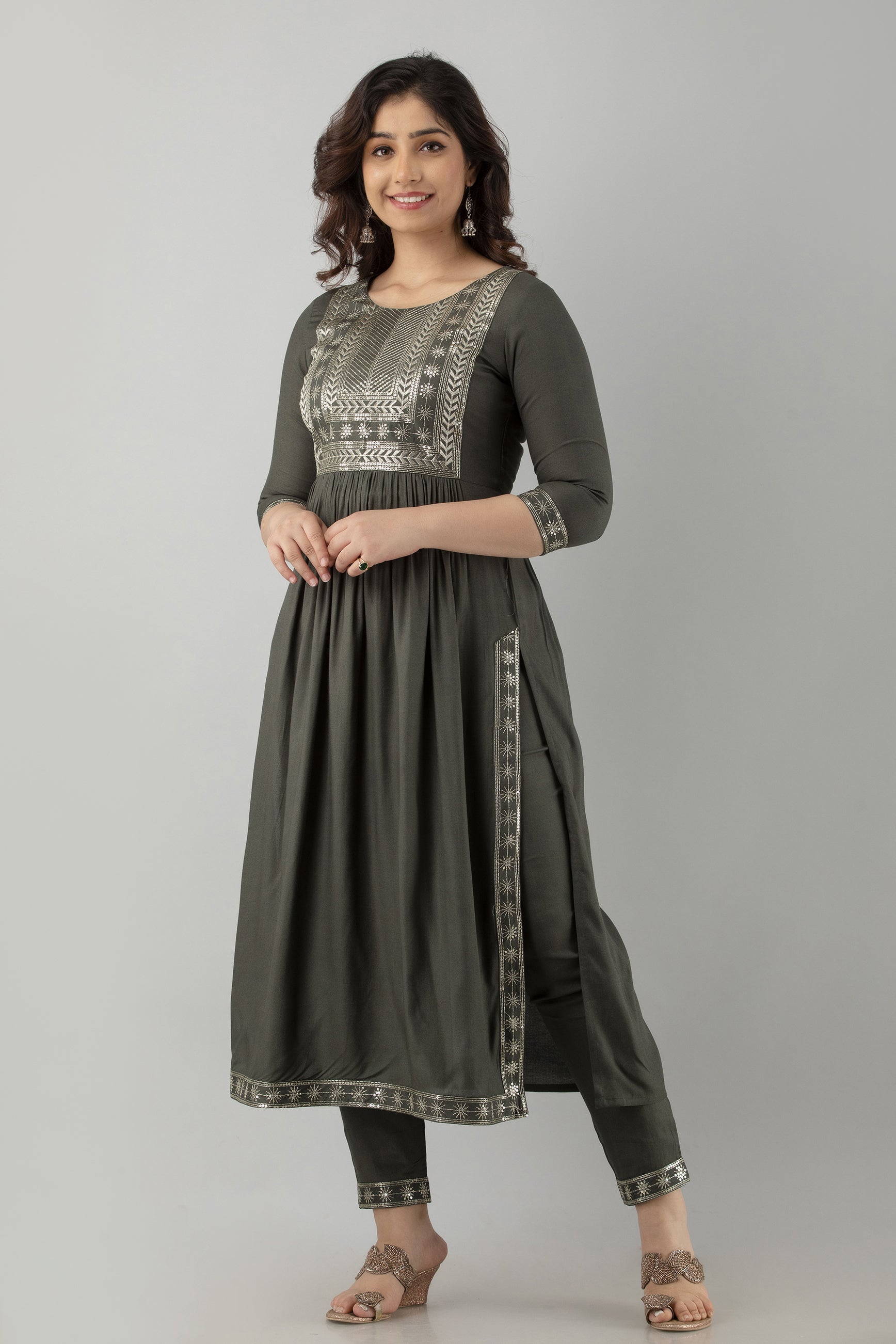 Women's Embroidered Viscose Rayon Naira Cut Kurta Pant & Dupatta Set (Dark Grey)