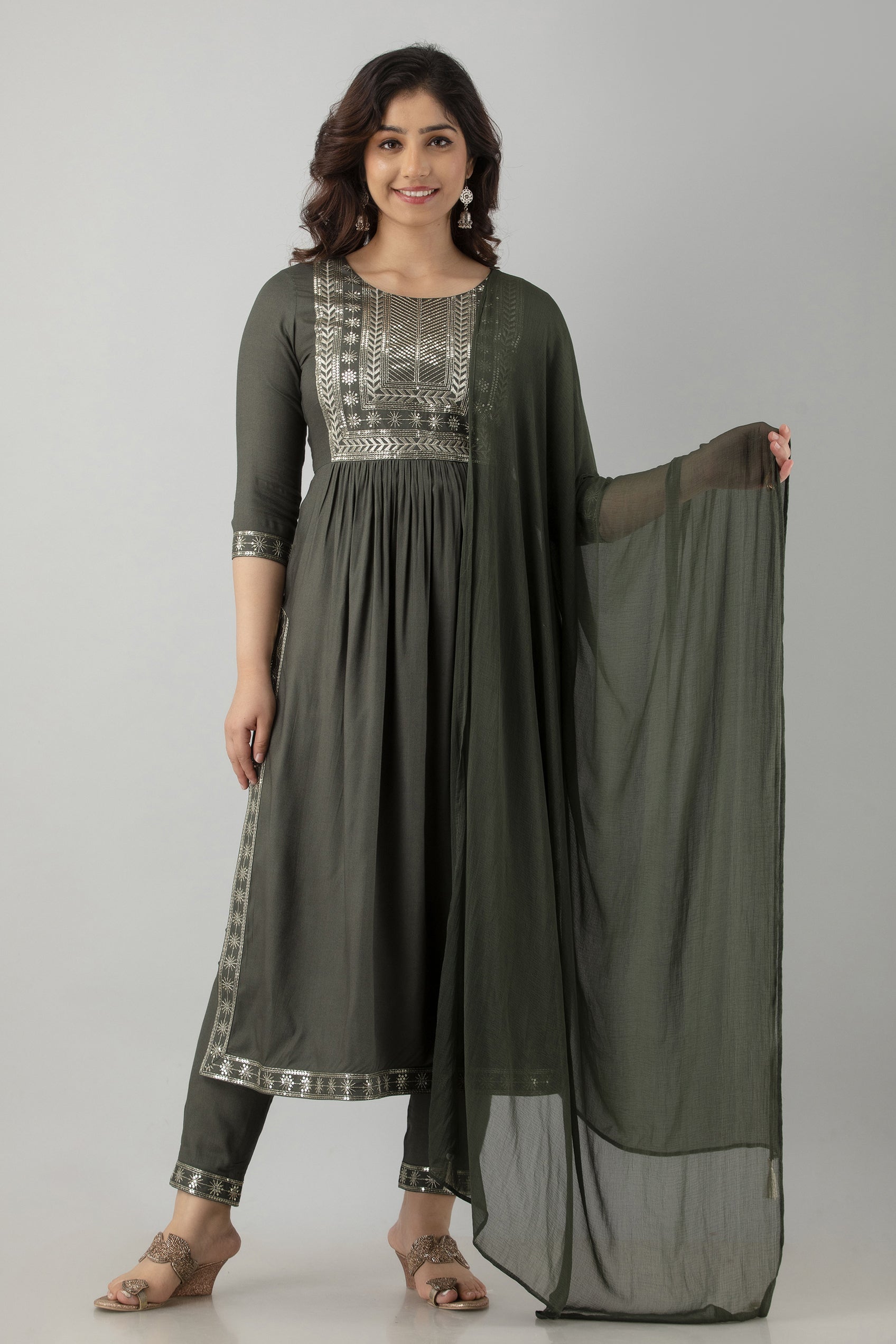 Women's Embroidered Viscose Rayon Naira Cut Kurta Pant & Dupatta Set (Dark Grey)