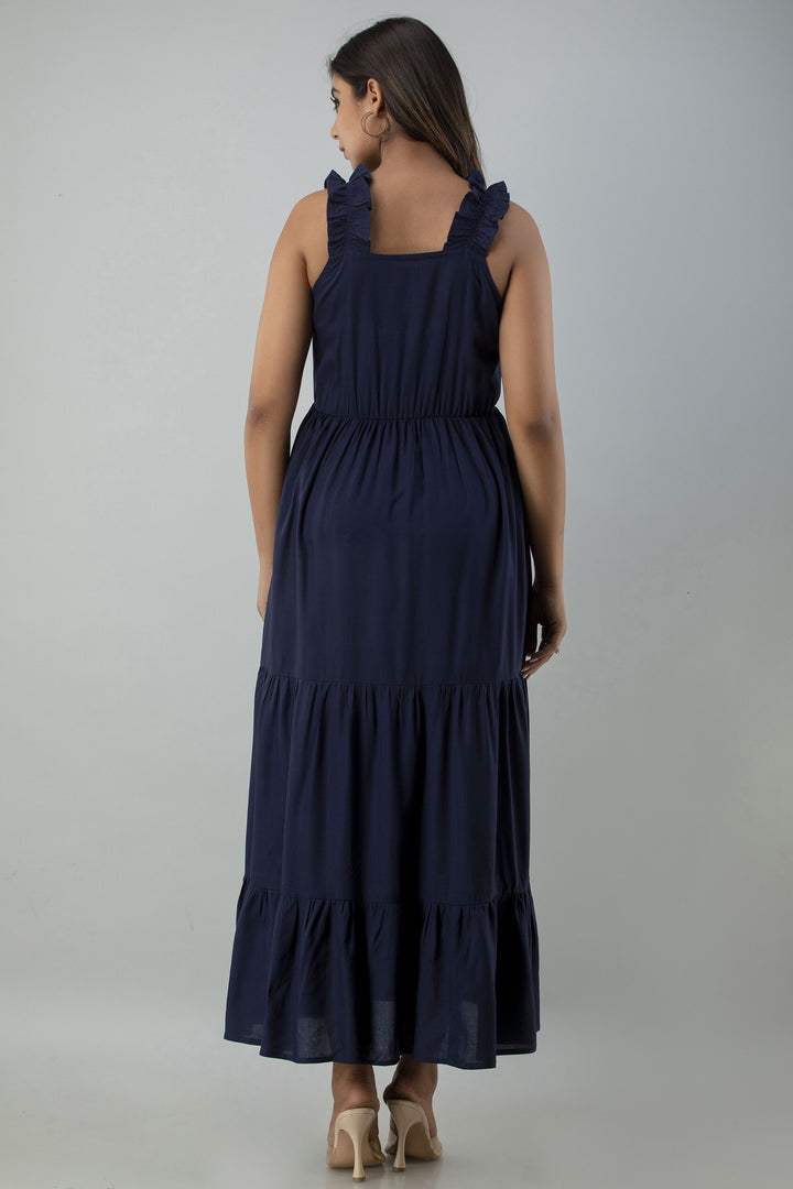 Women's Blue Viscose Rayon Solid Square Neck Dress