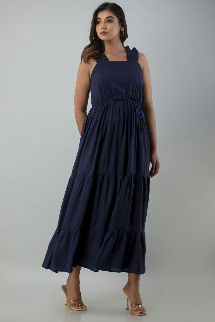 Women's Blue Viscose Rayon Solid Square Neck Dress