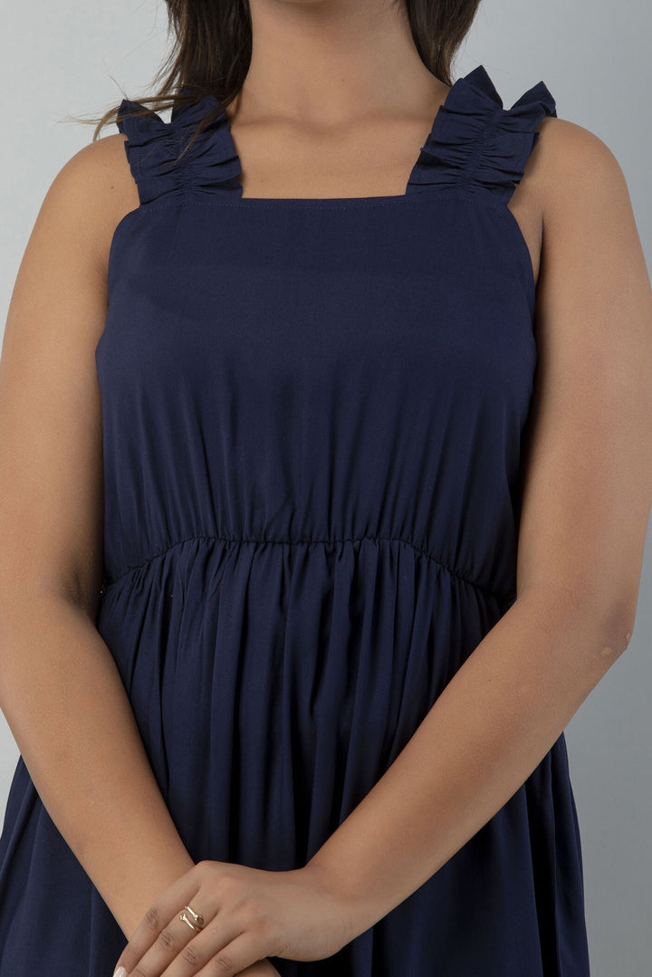 Women's Blue Viscose Rayon Solid Square Neck Dress