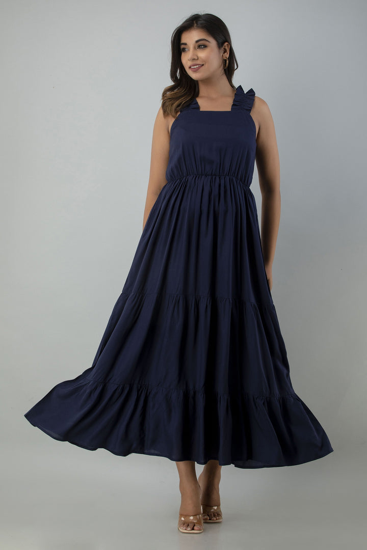 Women's Blue Viscose Rayon Solid Square Neck Dress