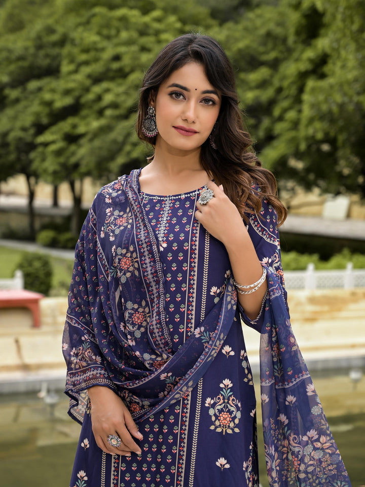 Women's Navy Viscose Rayon Printed Kurta Set