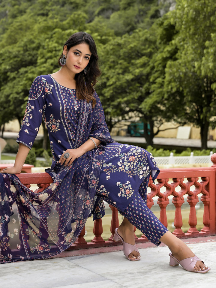 Women's Navy Viscose Rayon Printed Kurta Set