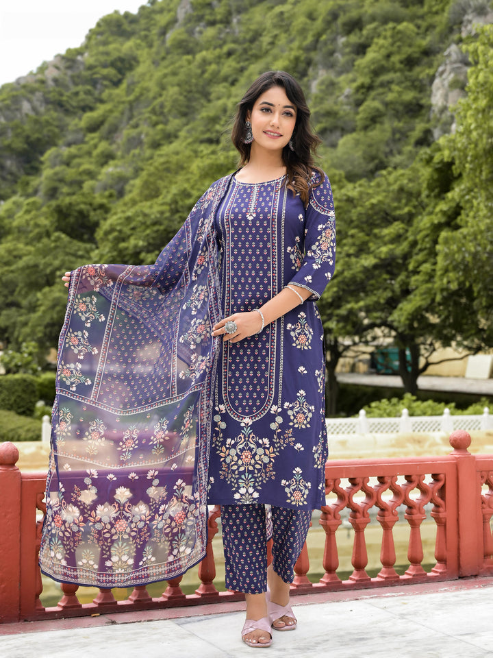 Women's Navy Viscose Rayon Printed Kurta Set