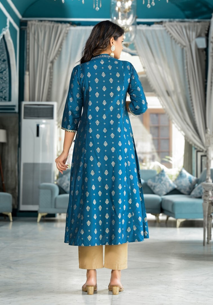 Women's Blue Cotton Blend Printed Kurta Set