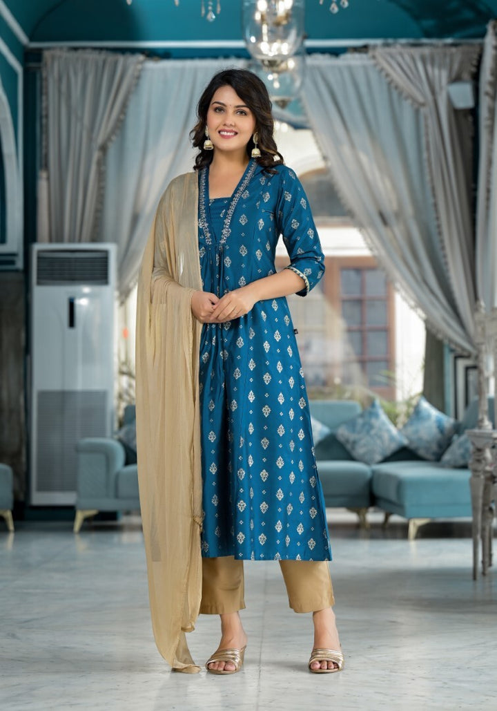 Women's Blue Cotton Blend Printed Kurta Set