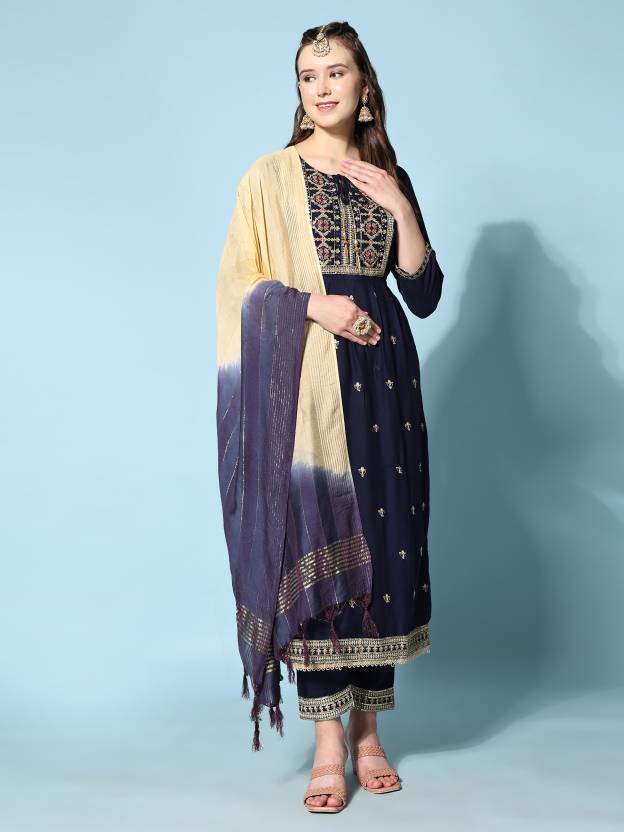 Women's Floral Embroidered Kurta With Trousers & Dupatta - Noz2Toz USA