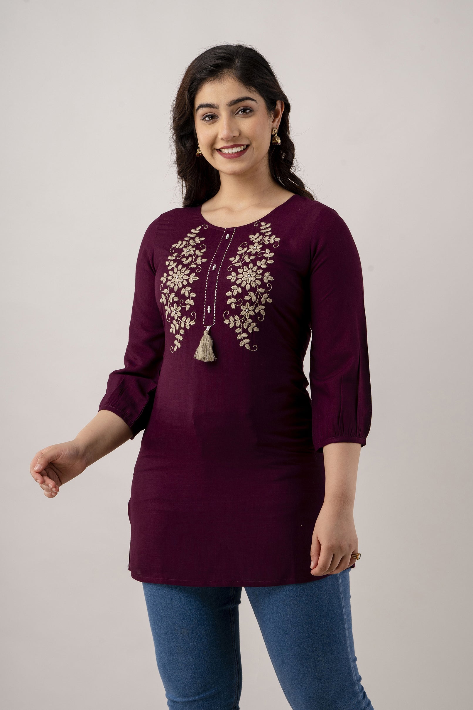 Women's Embroidered Viscose Rayon Regular Top (Voilet)