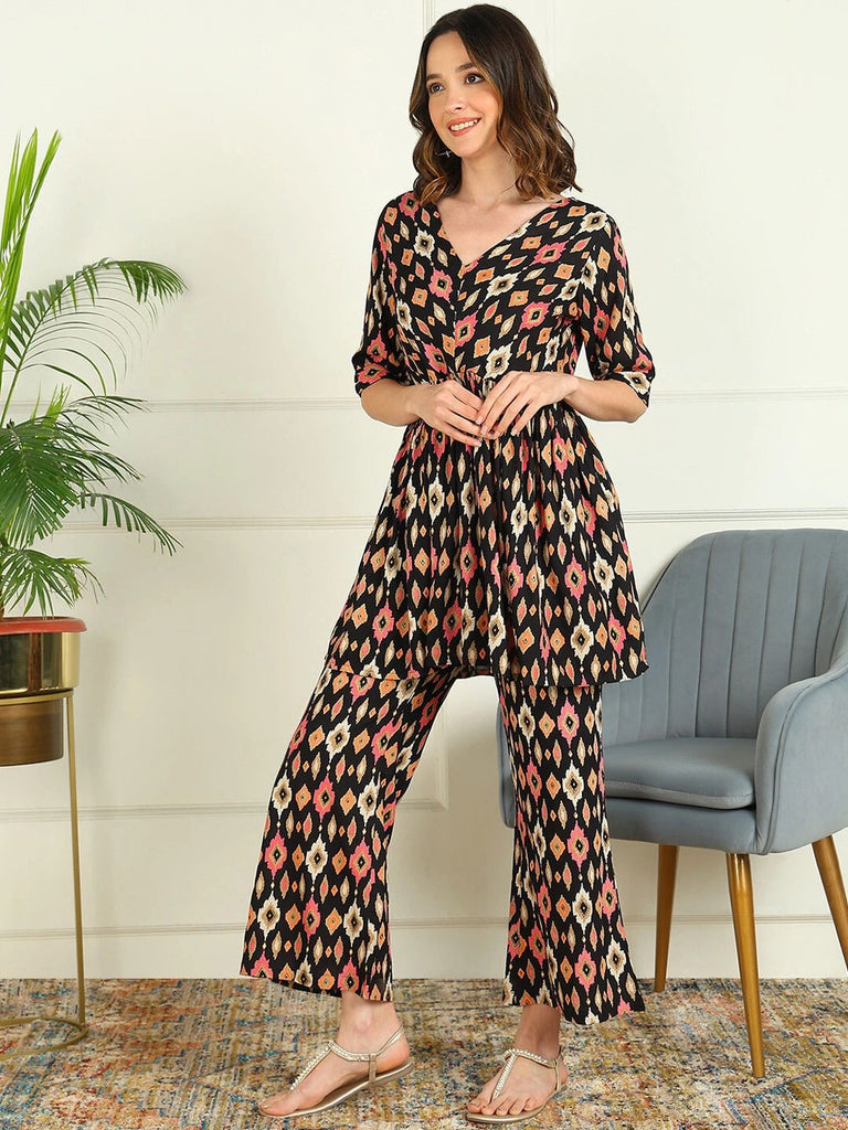 Women's Black Rayon Printed Co-Ord Set