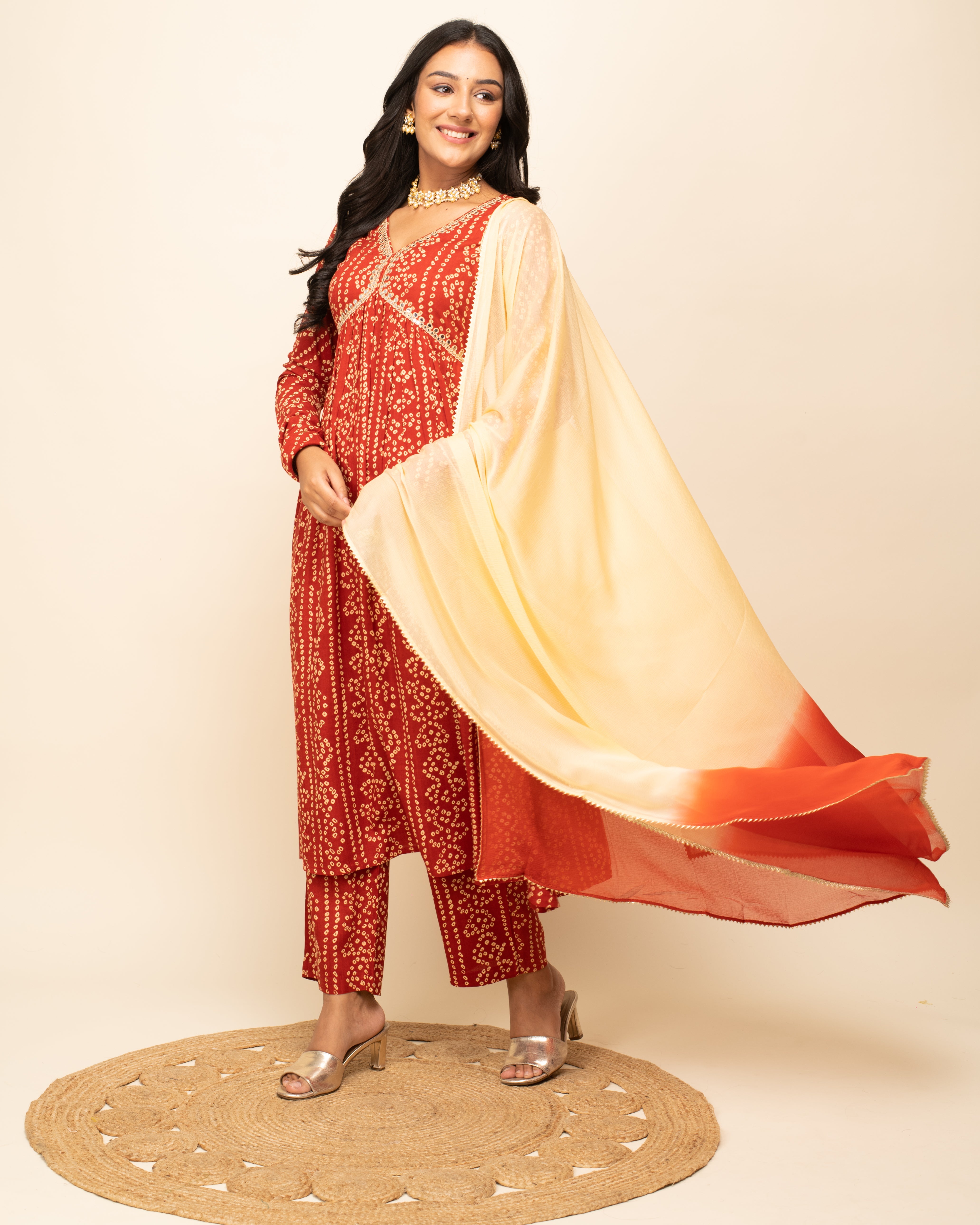 Women's Red Cotton A-Line Kurta Pant With dupatta