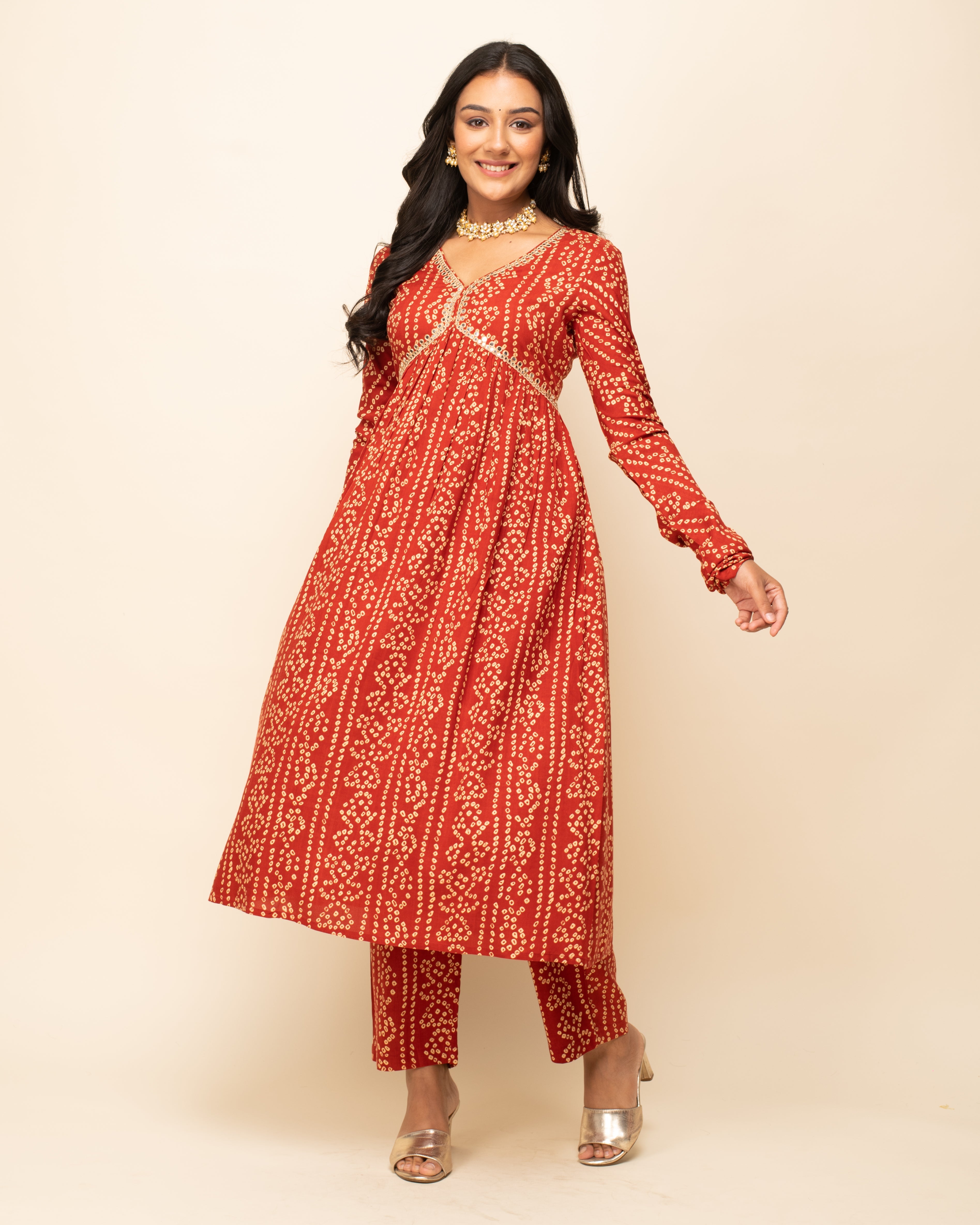 Women's Red Cotton A-Line Kurta Pant With dupatta