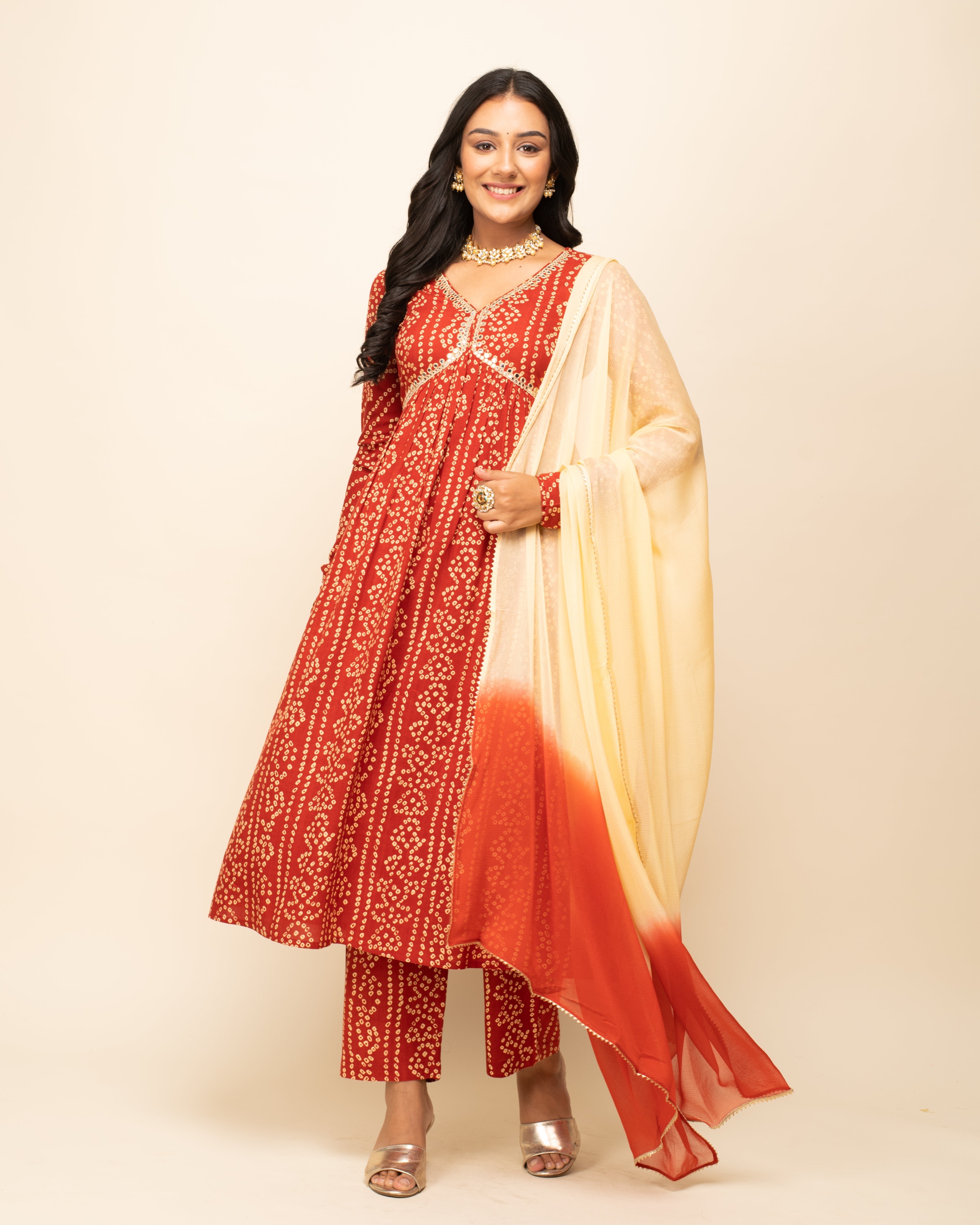 Women's Red Cotton A-Line Kurta Pant With dupatta