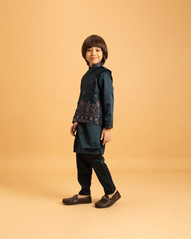 Boy's Dark Green Malai Satin Kurta Set