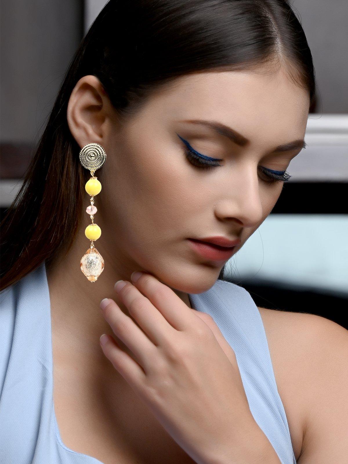 Women's Yellow And Gold Hue Beaded Drop Long Earring