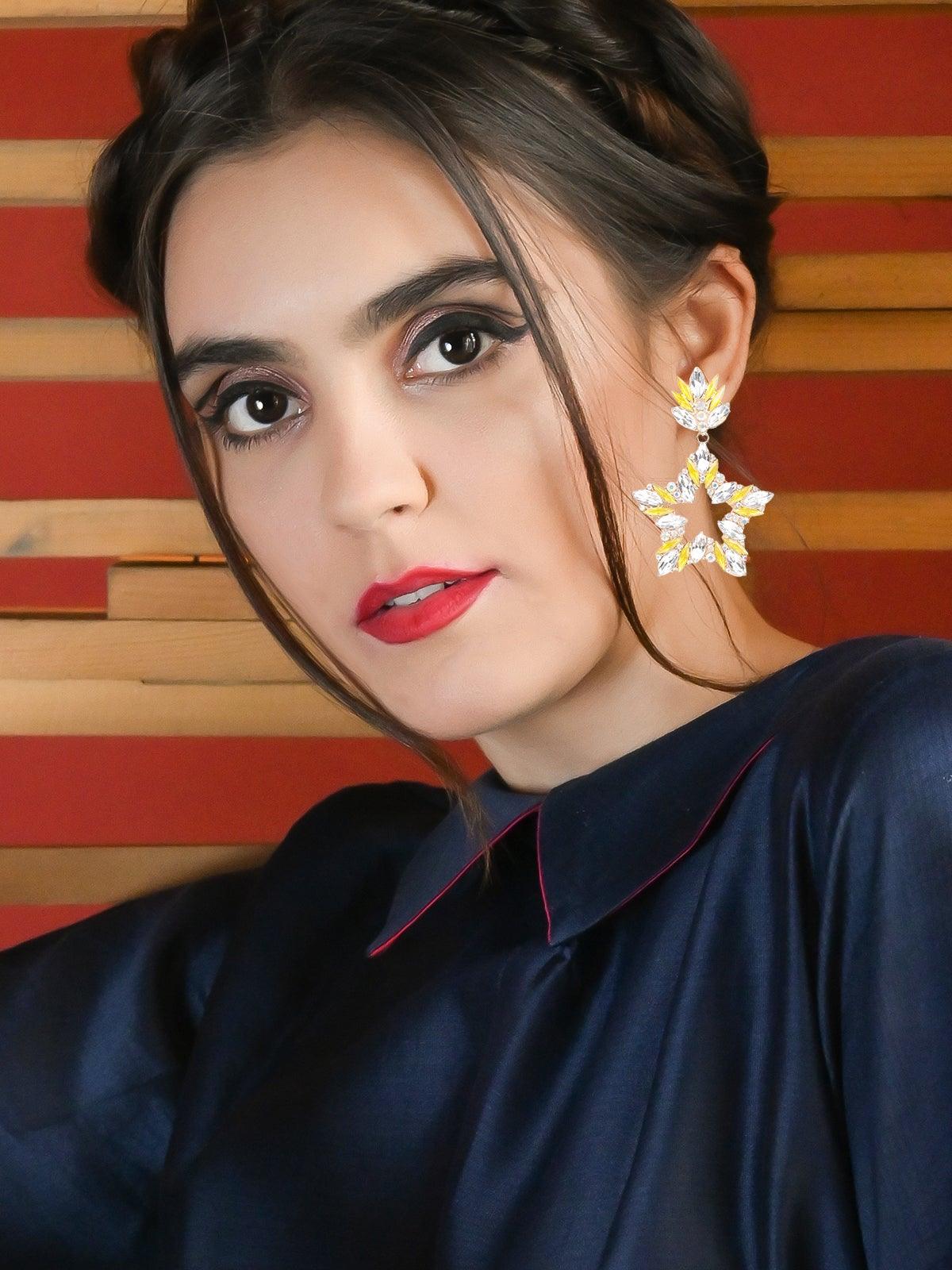 Women's Yellow Crystal-Embellished Star-Shaped Drop Earring