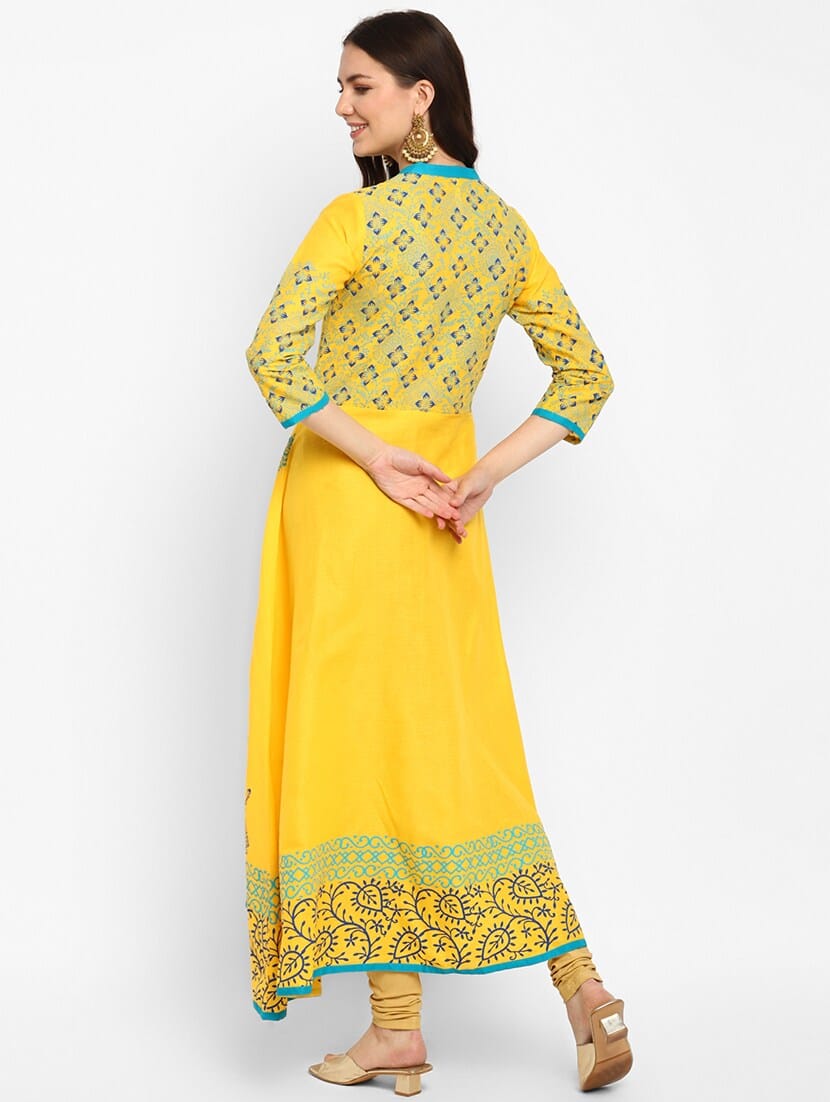 Women's Yellow Cotton Printed Anarkali Kurti - Taantav