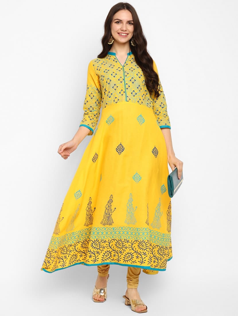 Women's Yellow Cotton Printed Anarkali Kurti - Taantav