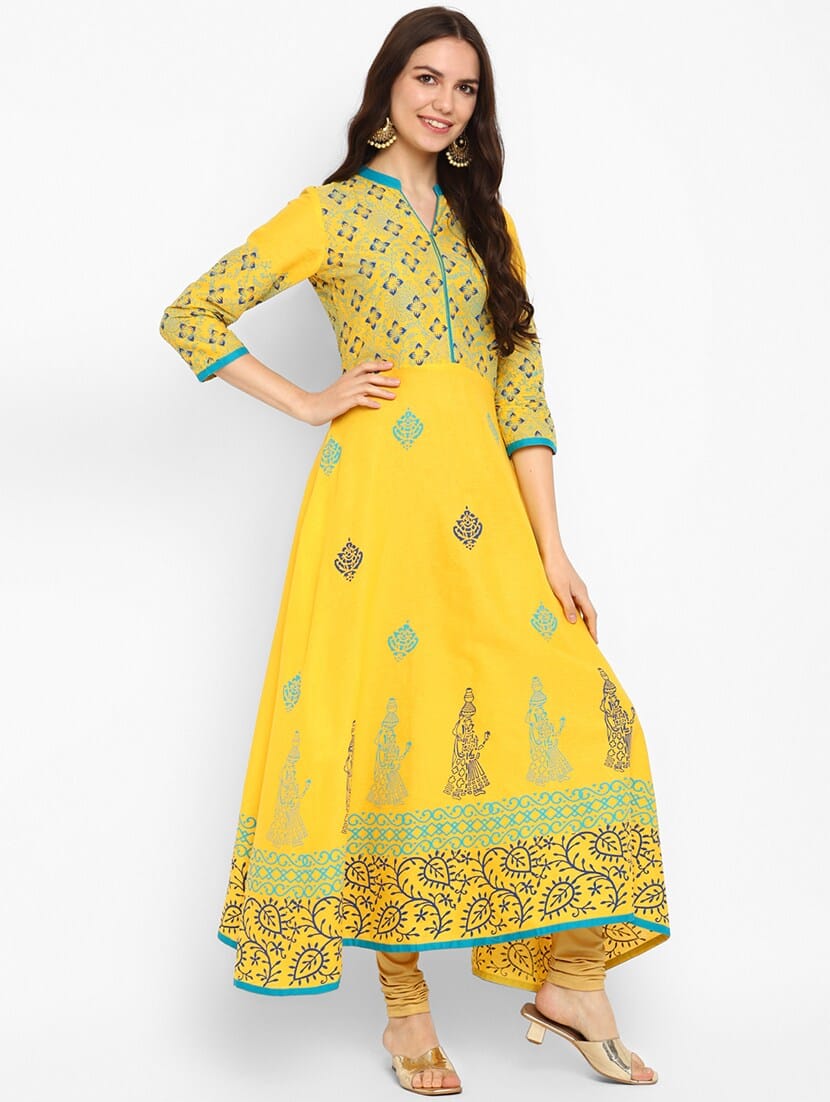 Women's Yellow Cotton Printed Anarkali Kurti - Taantav