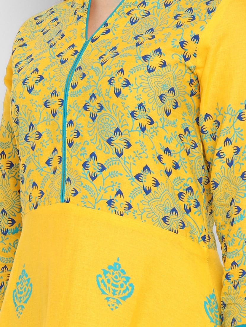 Women's Yellow Cotton Printed Anarkali Kurti - Taantav