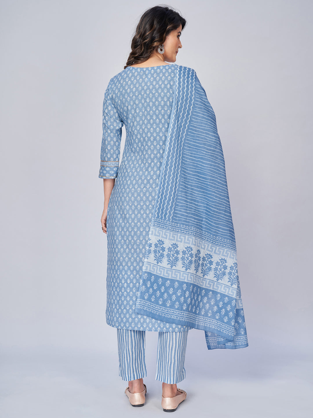 Women's Printed & Embroidered Straight Cotton Sky Blue Kurta Pant With Dupatta (3Pcs Set) - Final Clearance Sale