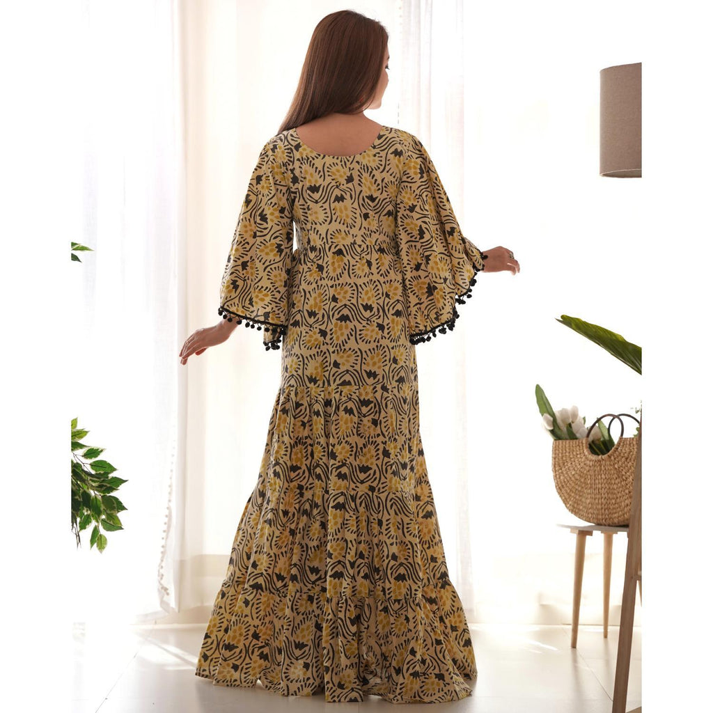 Women's Beige & Black Kalamkari Cotton Tiered Dress